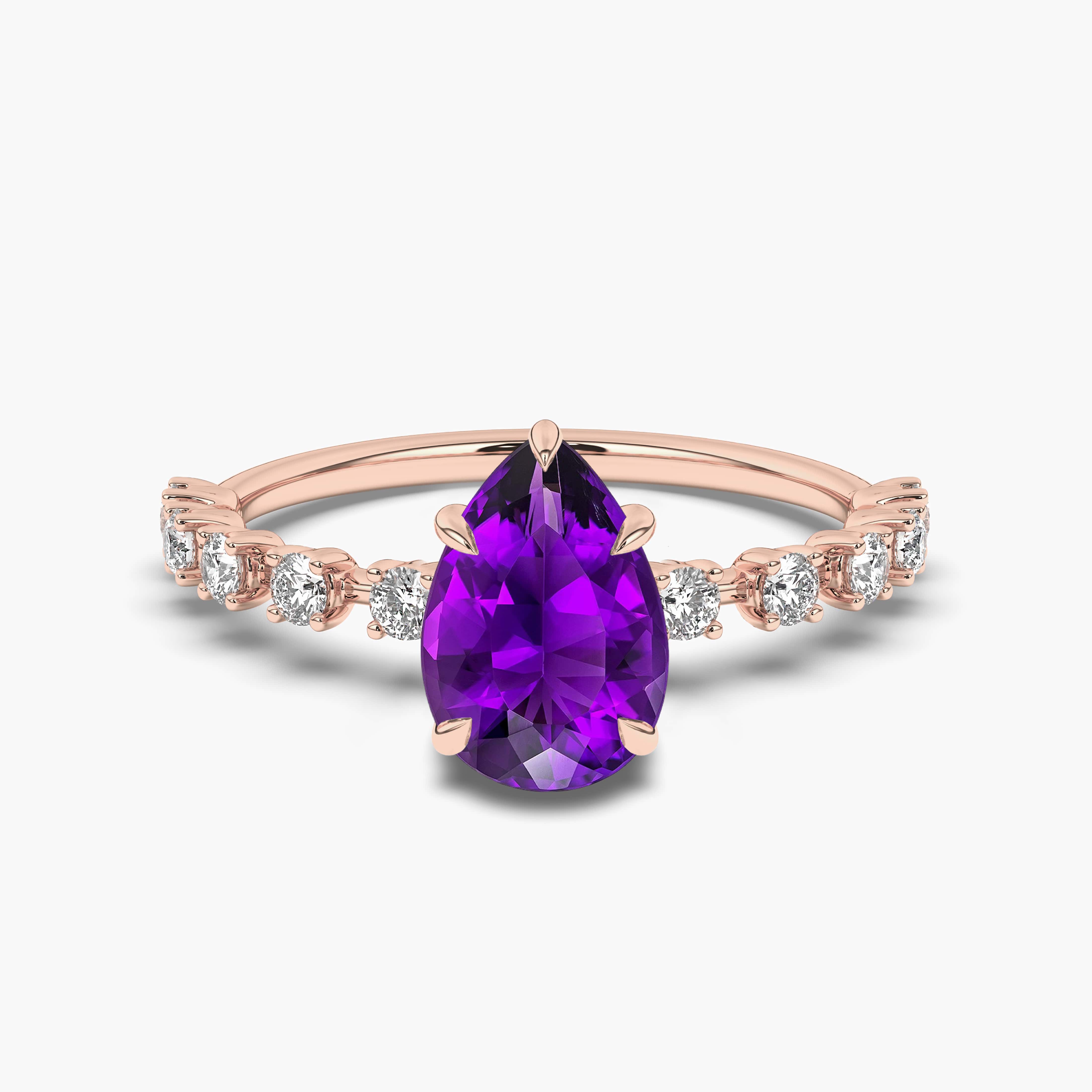 amethyst nature themed engagement ring, big pear cut gemstone gold ring with diamonds