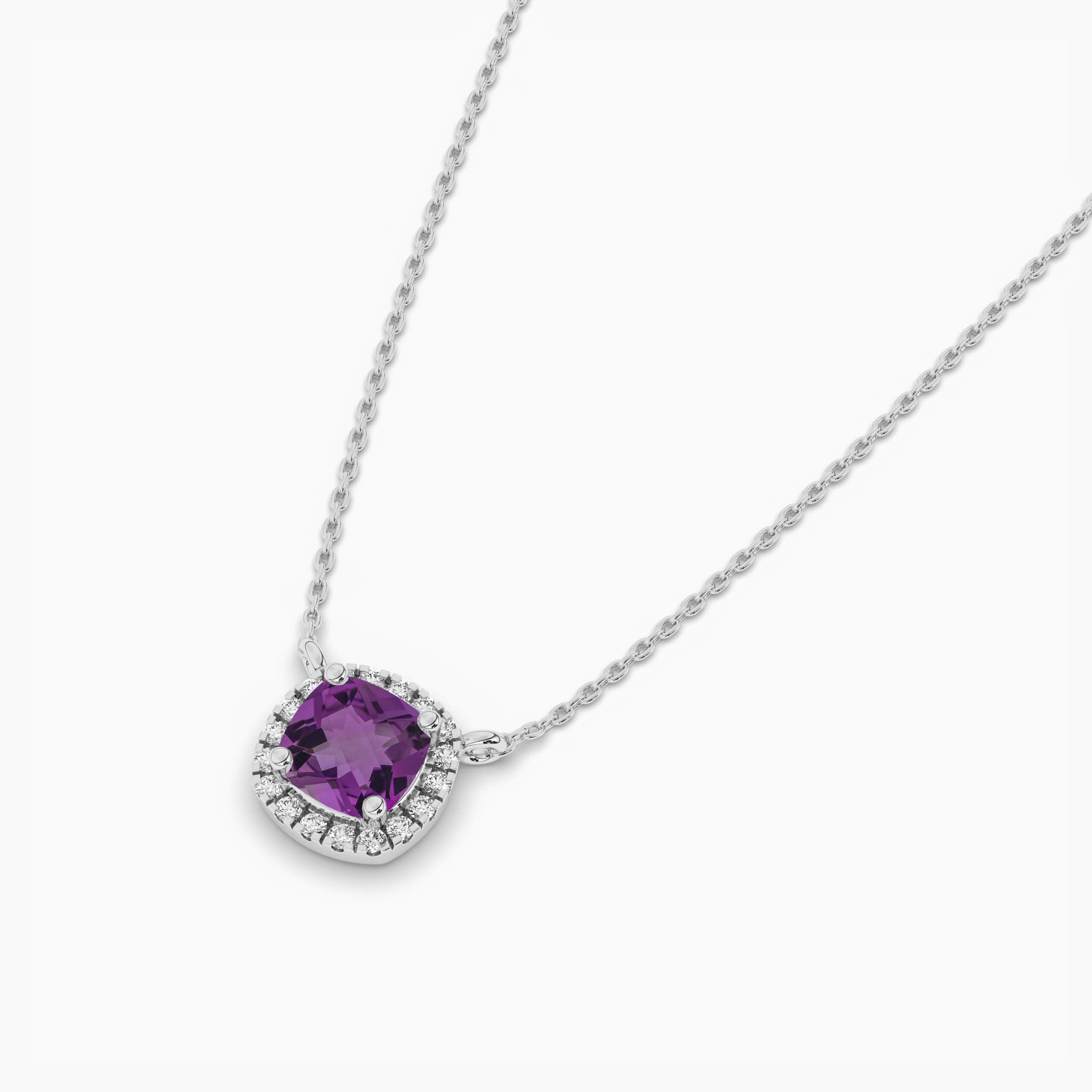 Cushion Cut Amethyst and Diamond White Gold Finish Halo Necklace
