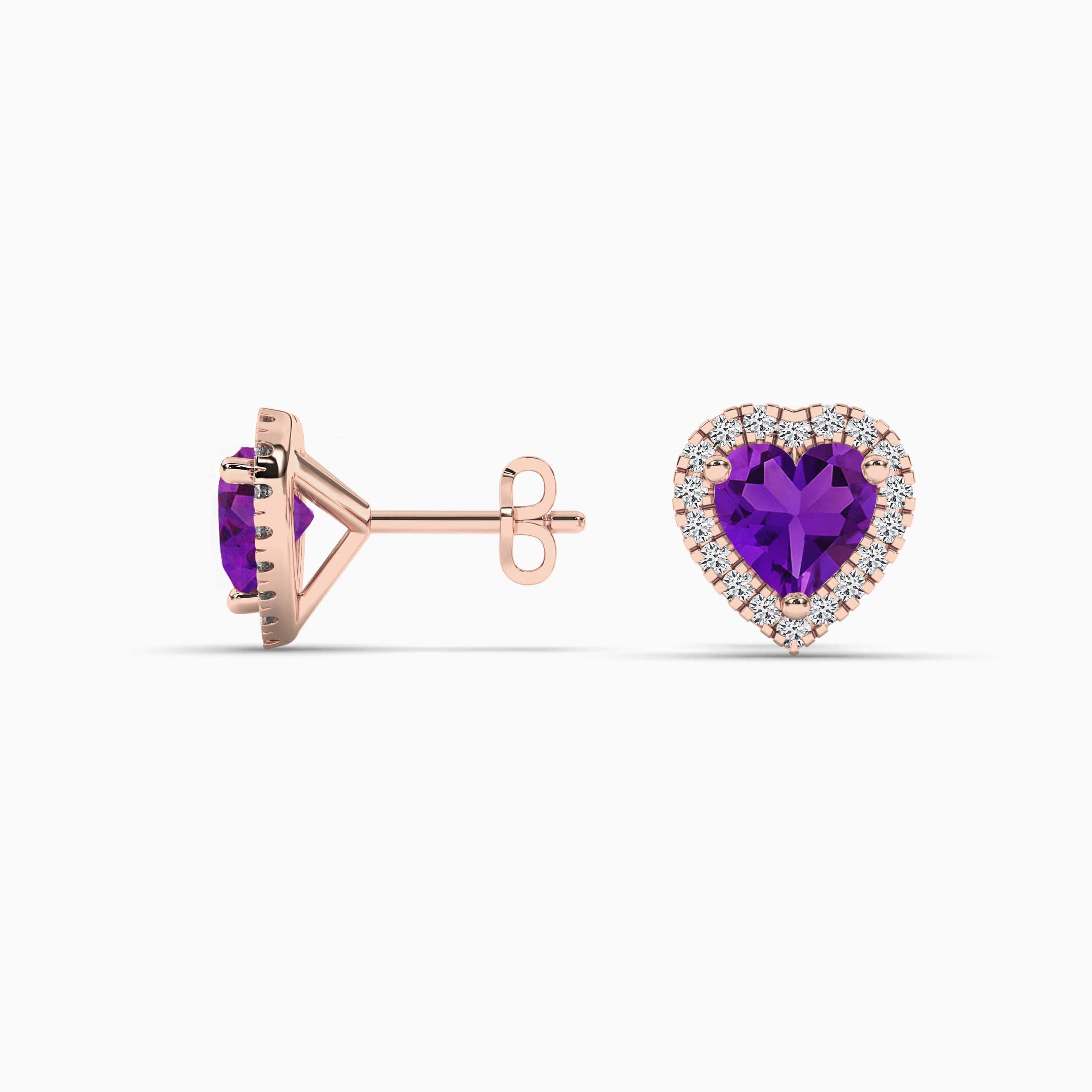 Rose Gold Created Halo Heart Amethyst Stud Earrings