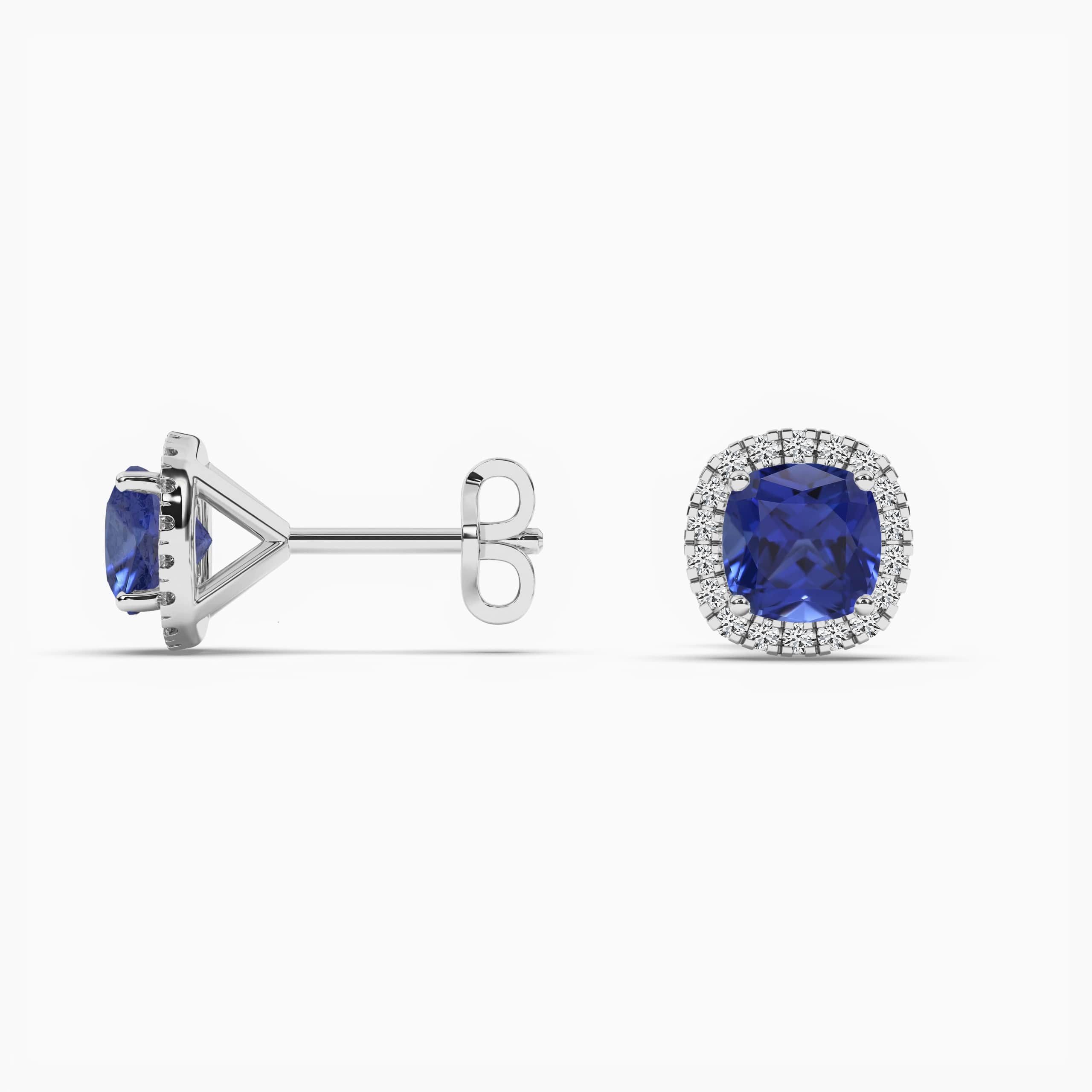 Cushion Blue Sapphire Halo Studs White Gold