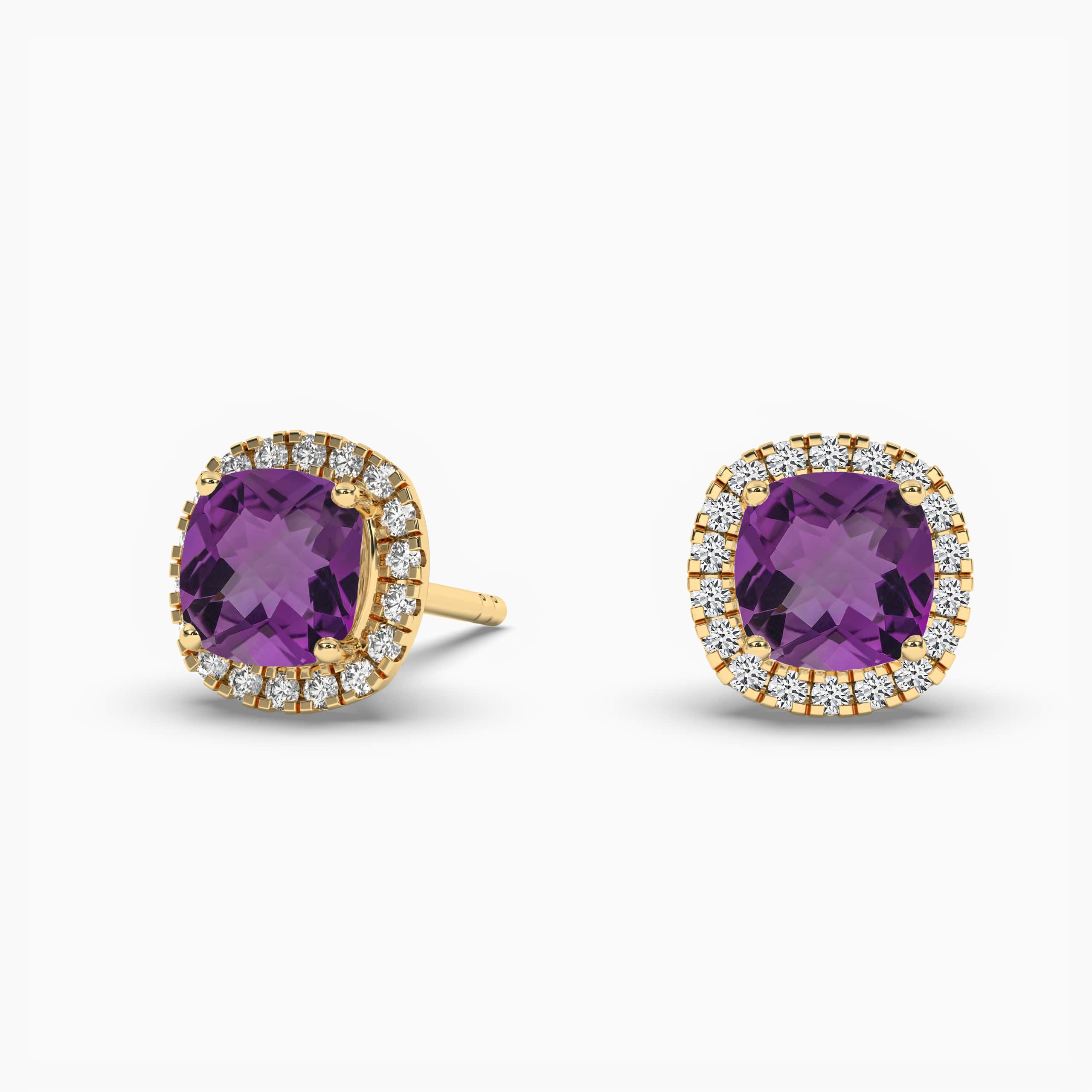 CUSHION CUT AMETHYST & DIAMOND HALO EARRINGS YELLOW GOLD
