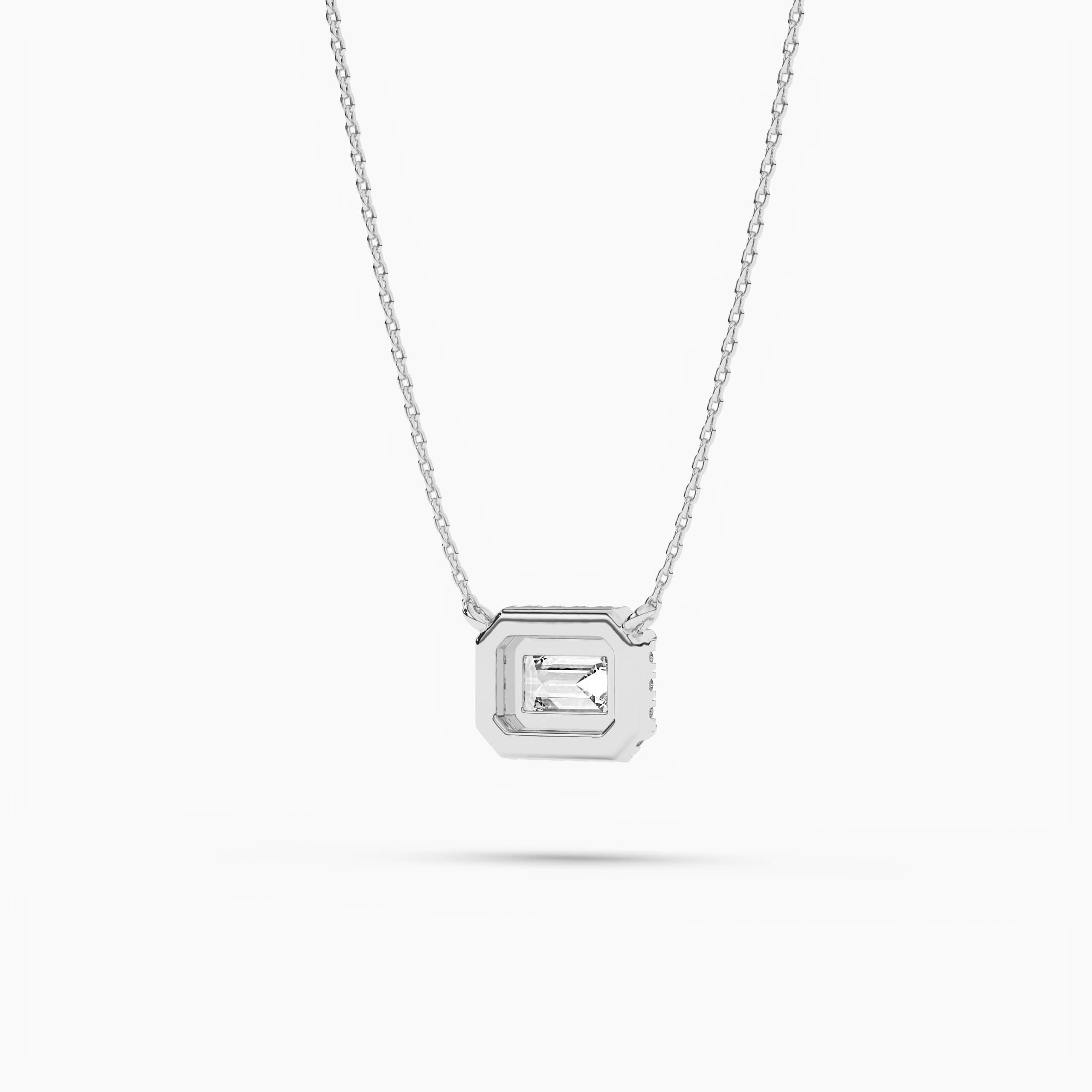 White Gold Emerald Cut Blue Sapphire Diamond Halo Necklace