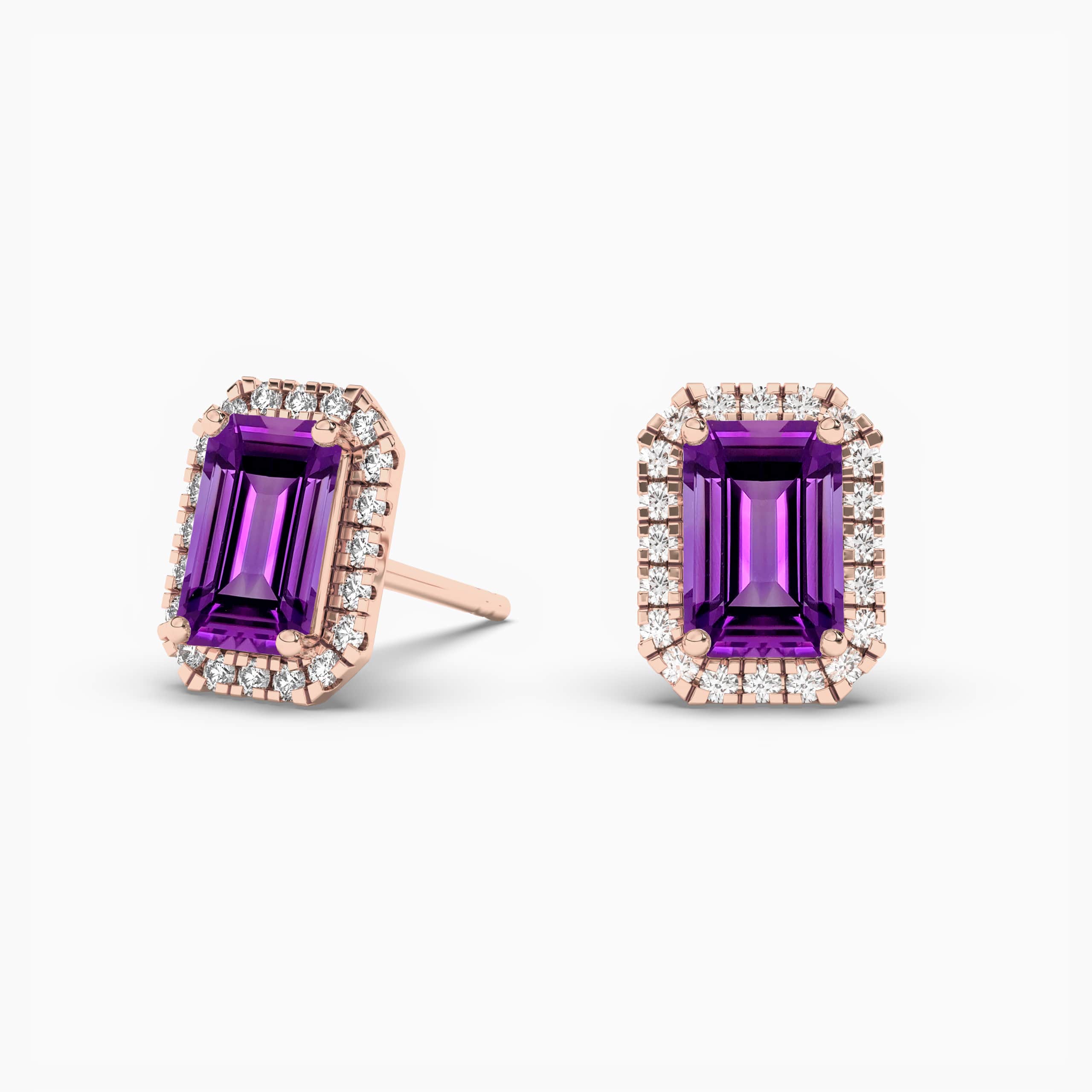 EMERALD CUT AMETHYST & DIAMOND HALO EARRINGS ROSE GOLD