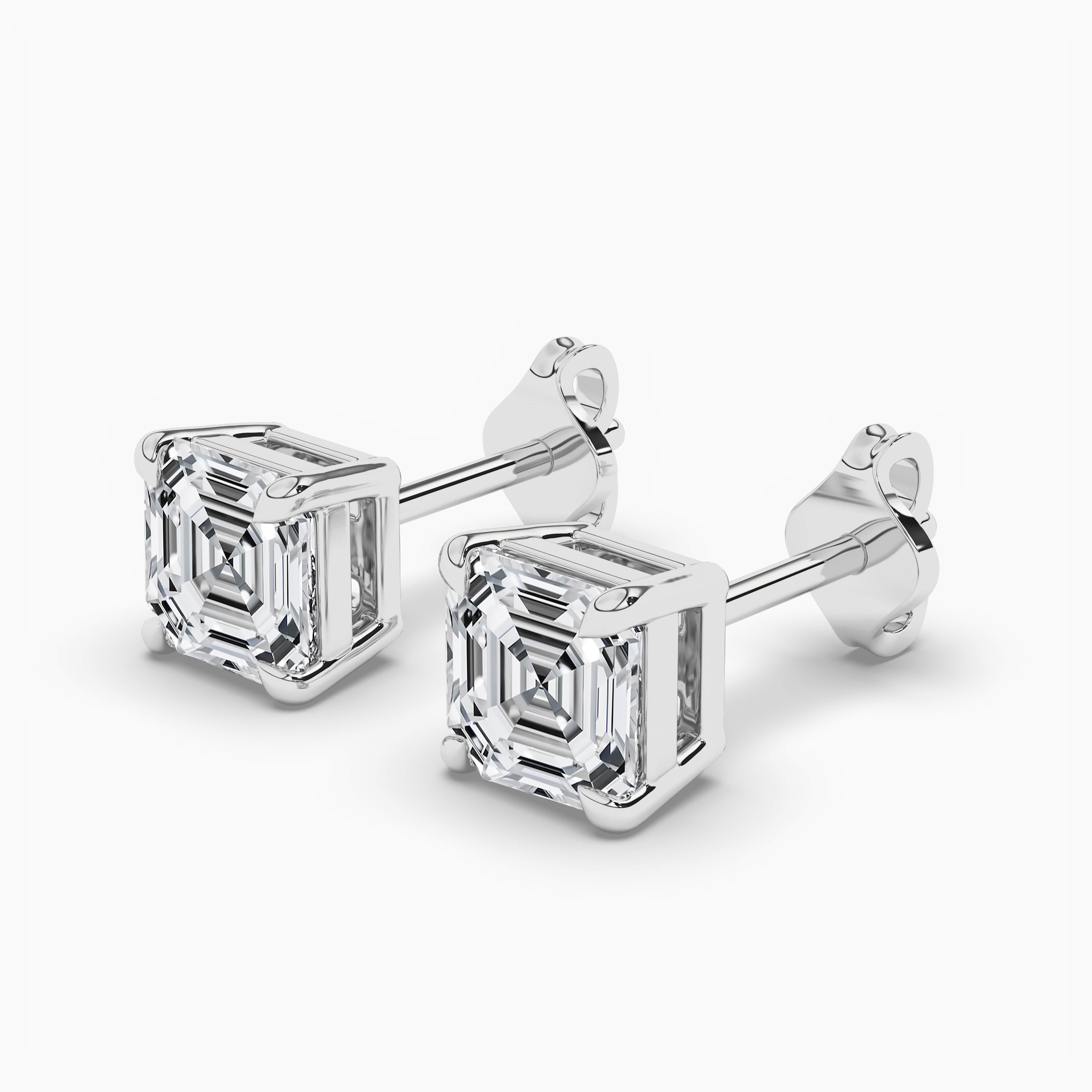 White Gold Asscher Cut Claw Prong Diamond Stud Earrings