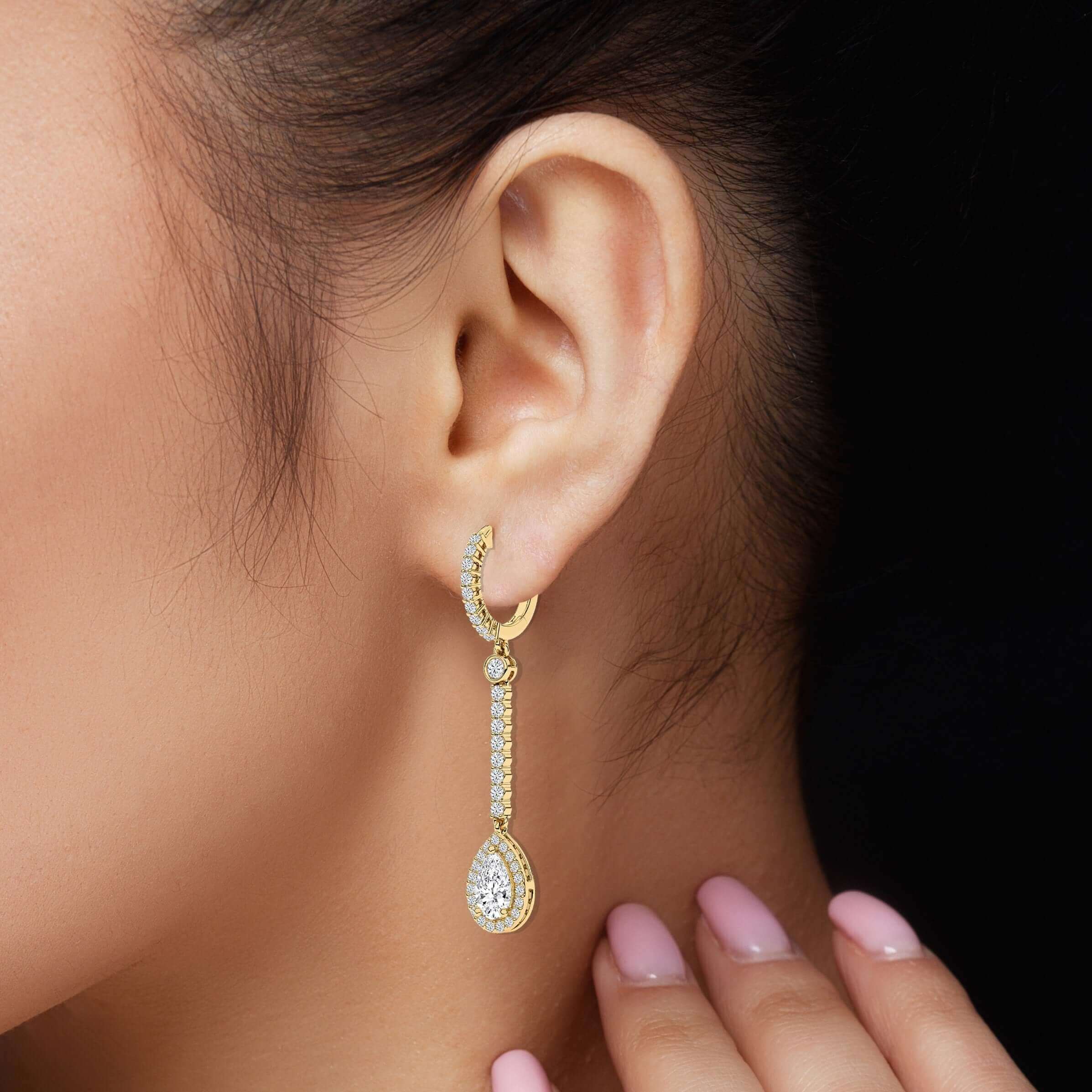 Diamond Pear Halo 14ct yellow Gold Earring Drops