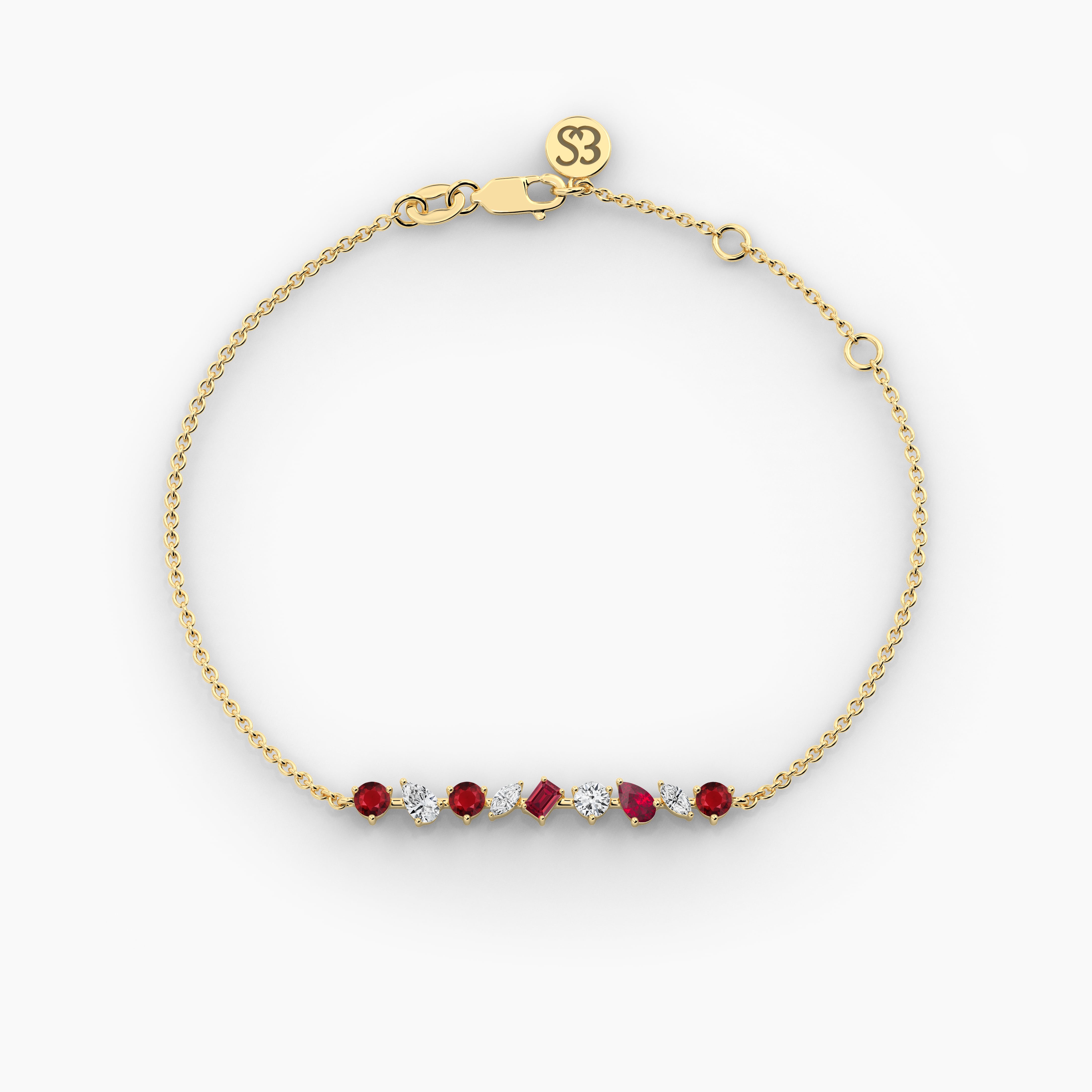 Yellow Gold Multi Shape Ruby Diamond Cable Chain Bracelet