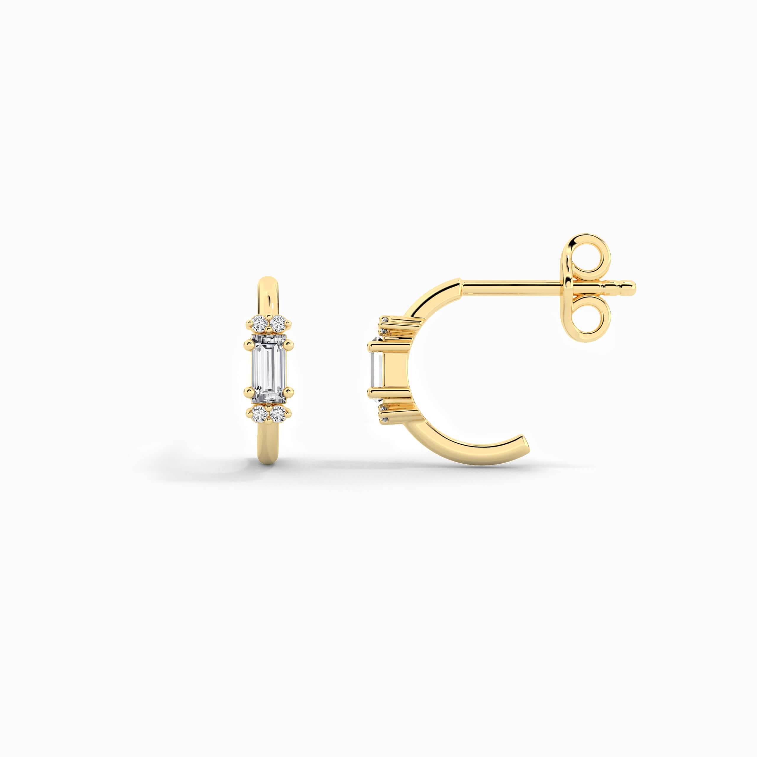 Yellow gold baguette and round shape diamond earring