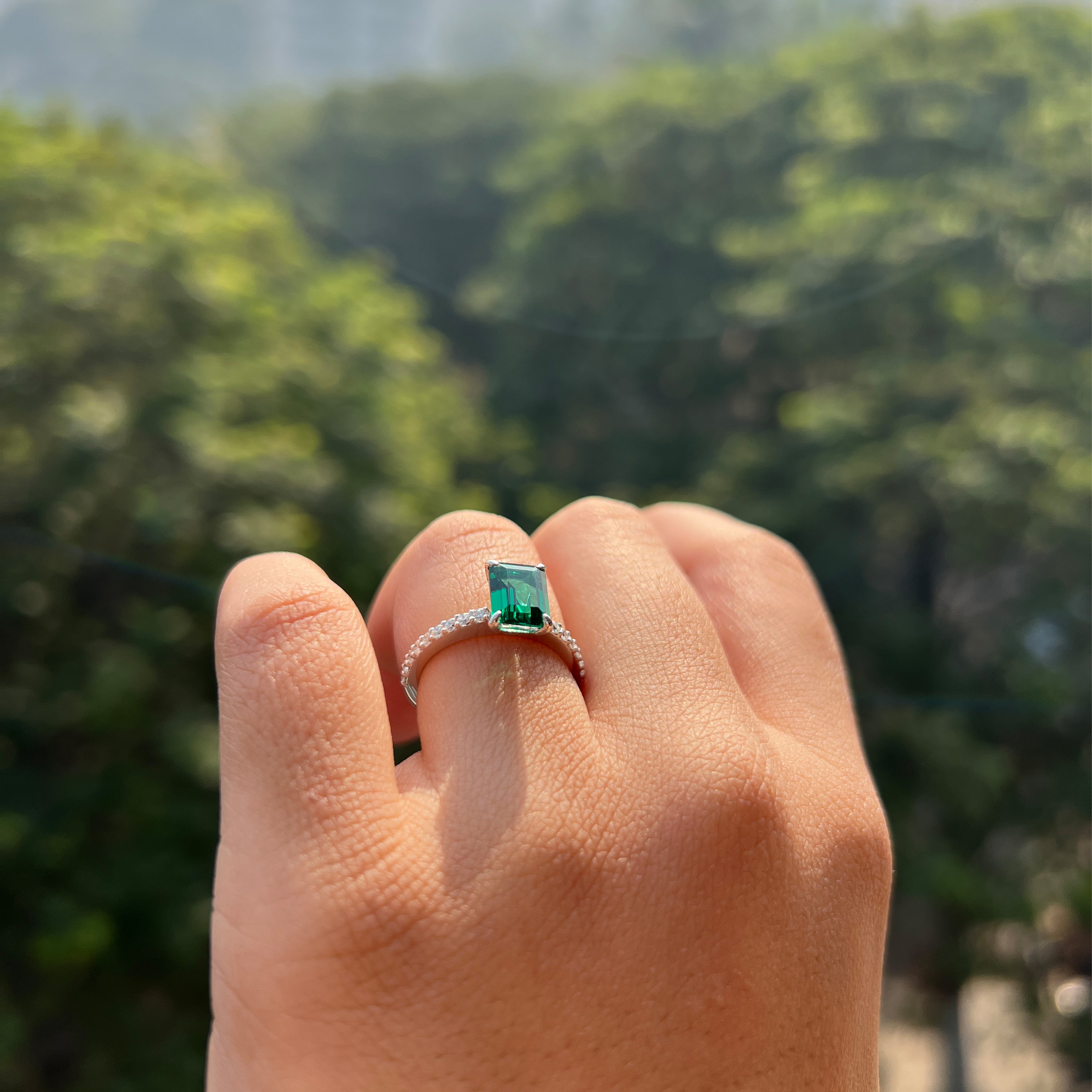 Green Emerald and Round Moissanite Pave Ring