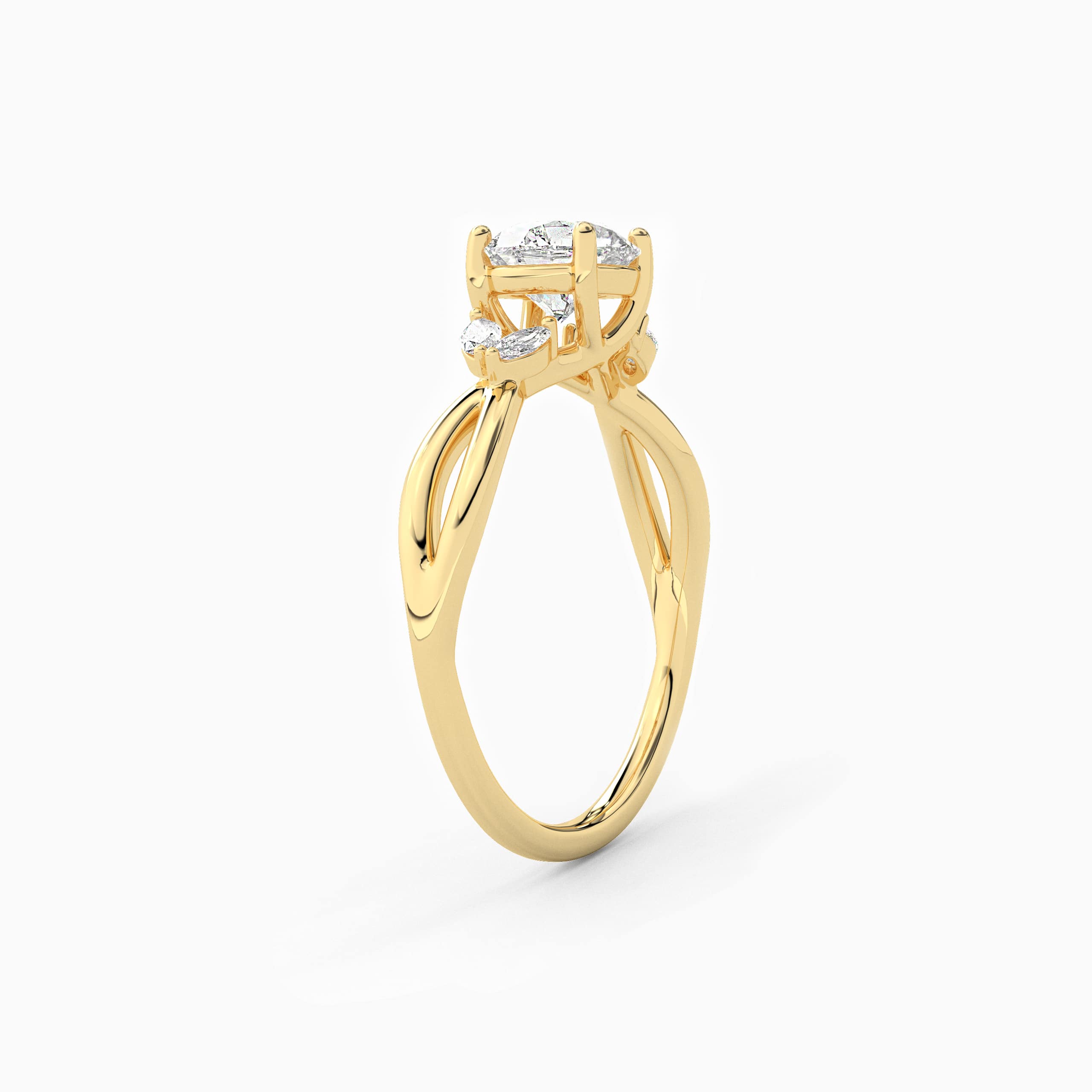 Round Cut Marquise Moissanite Diamond Nature Inspires Ring In Yellow Gold