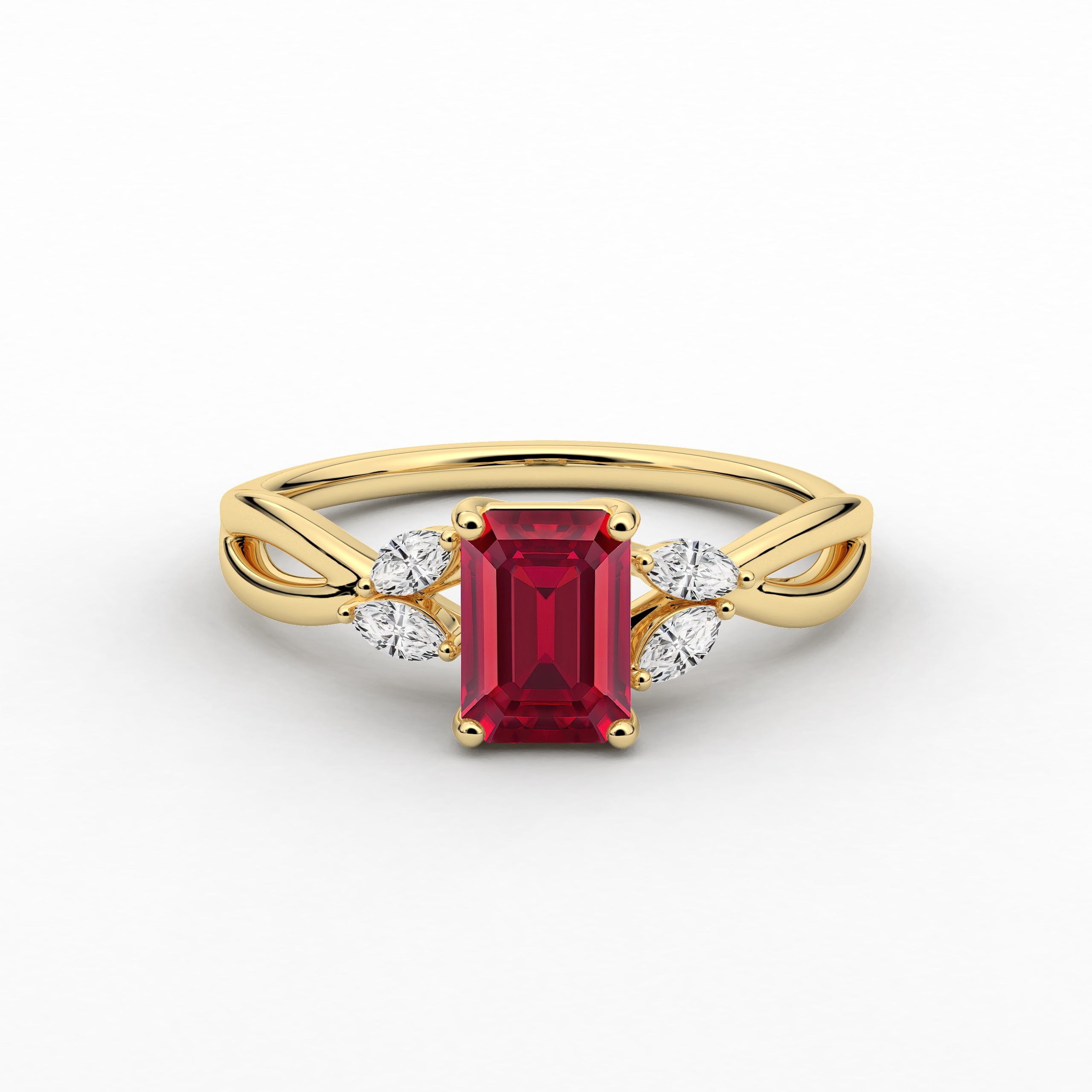 Emerald Cut Ruby Lab Grown Diamond Engagement Ring In Nature Inspired In Yellow Gold