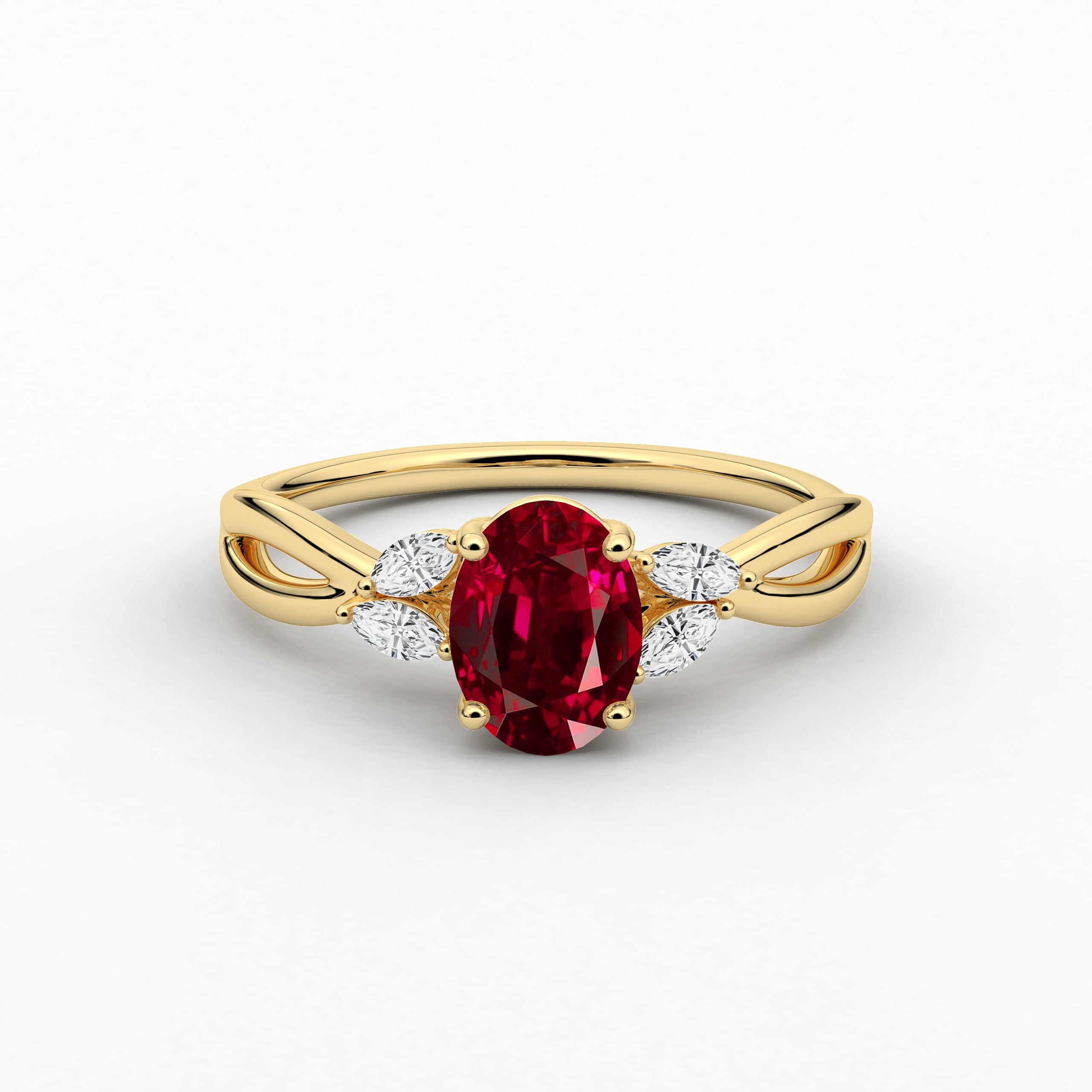 Oval Cut Ruby Diamond Engagement Ring In Nature Inspired Ring In Yellow Gold