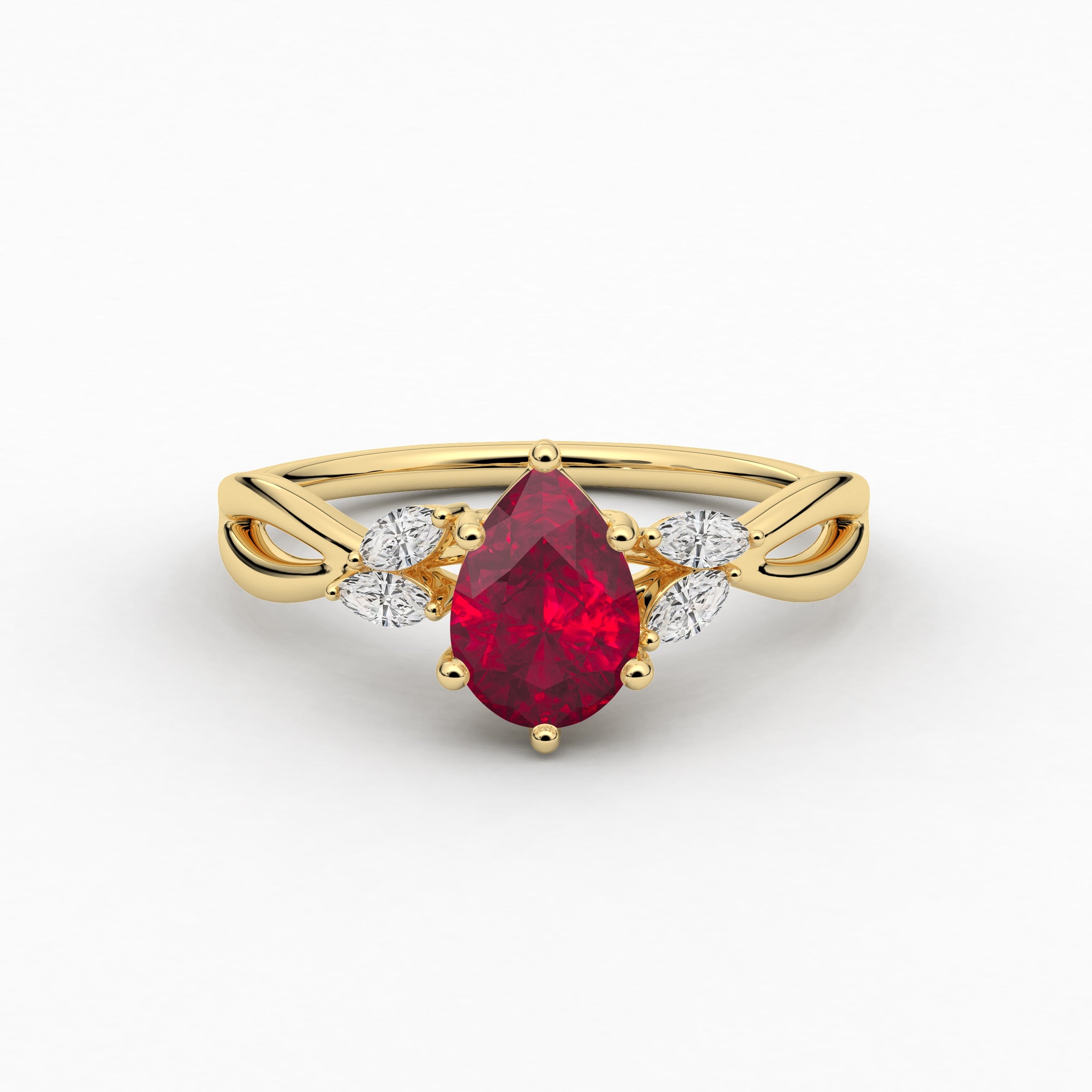 Nature Inspired Engagement Ring In Pear Shape Ruby Diamond In Yellow Gold For Woman