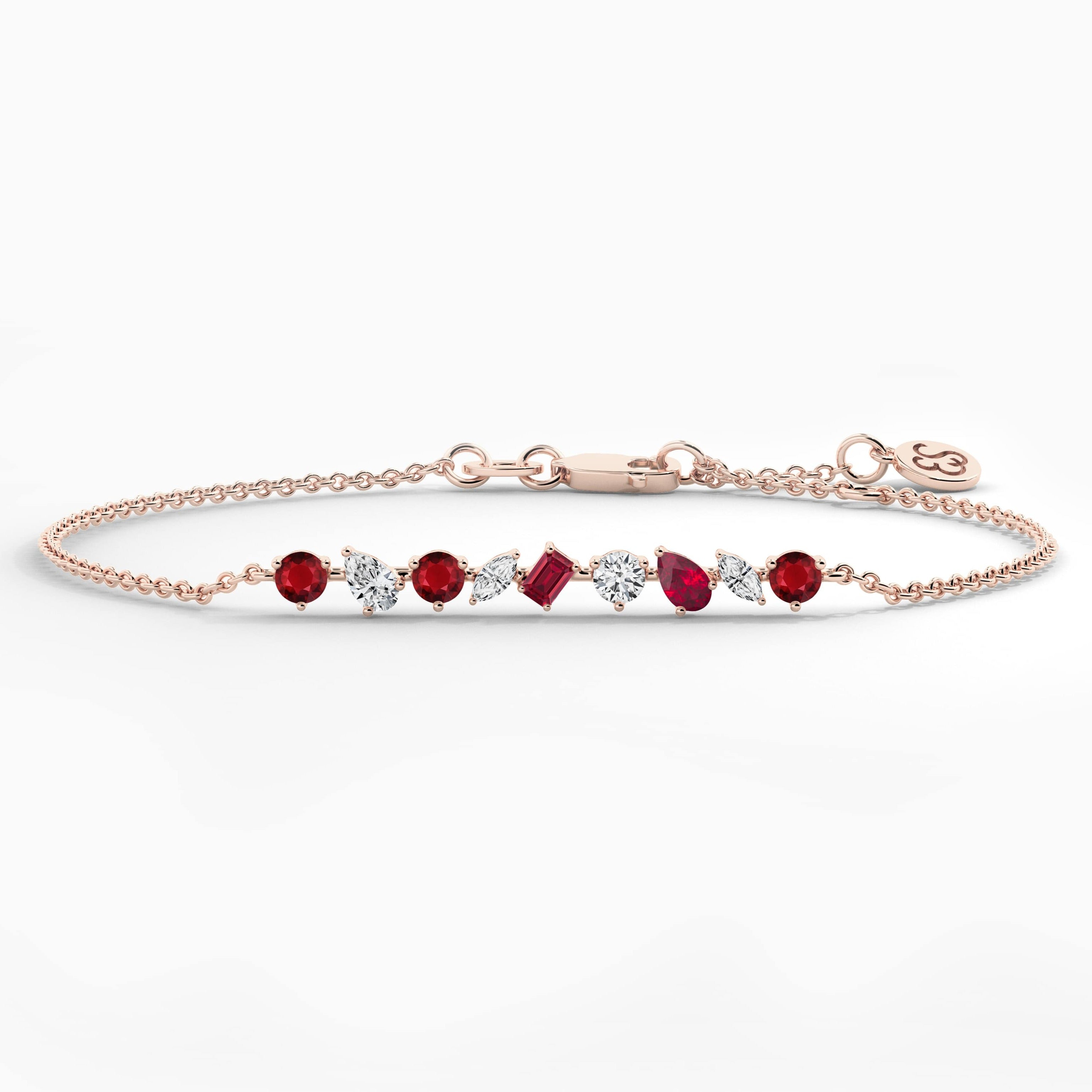 Multi Shape Ruby And White Diamond Chain Bracelet In Rose Gold