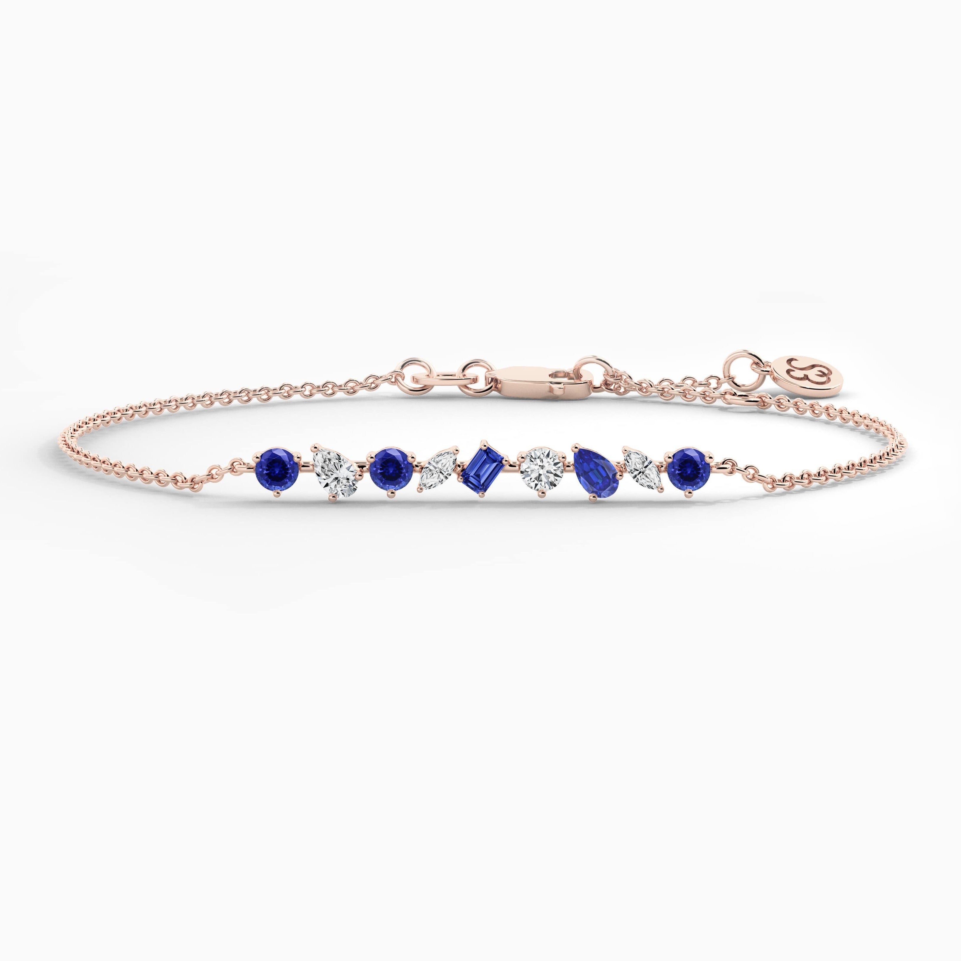 rose gold multi shape blue sapphire diamond chain bracelet