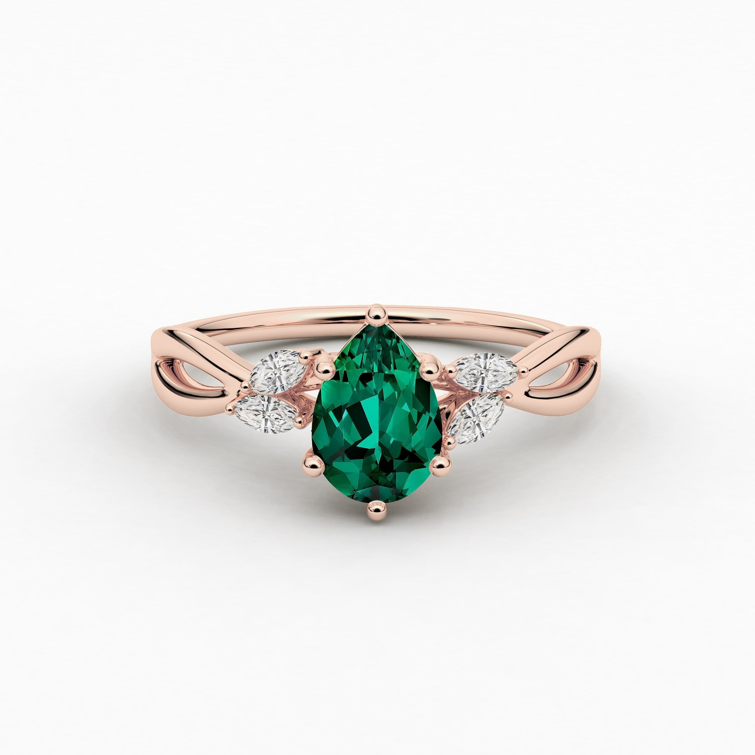 Pear Cut Green Emerald Moissanite Diamond Cut Nature Inspired Engagement Ring In Rose Gold