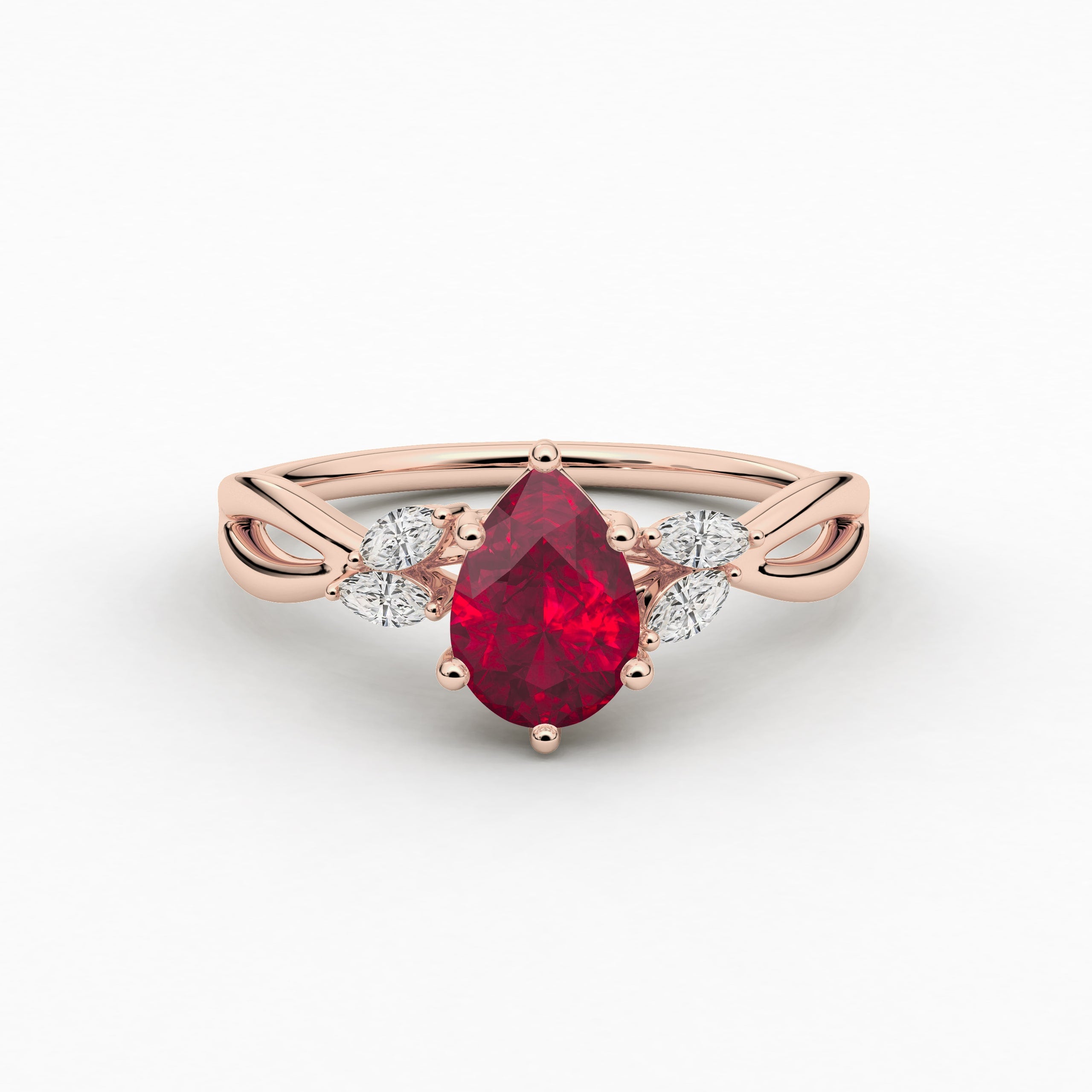 Rose Gold Pear Cut Ruby Moissanite Diamond Engagement Ring In Nature Inspired Ring