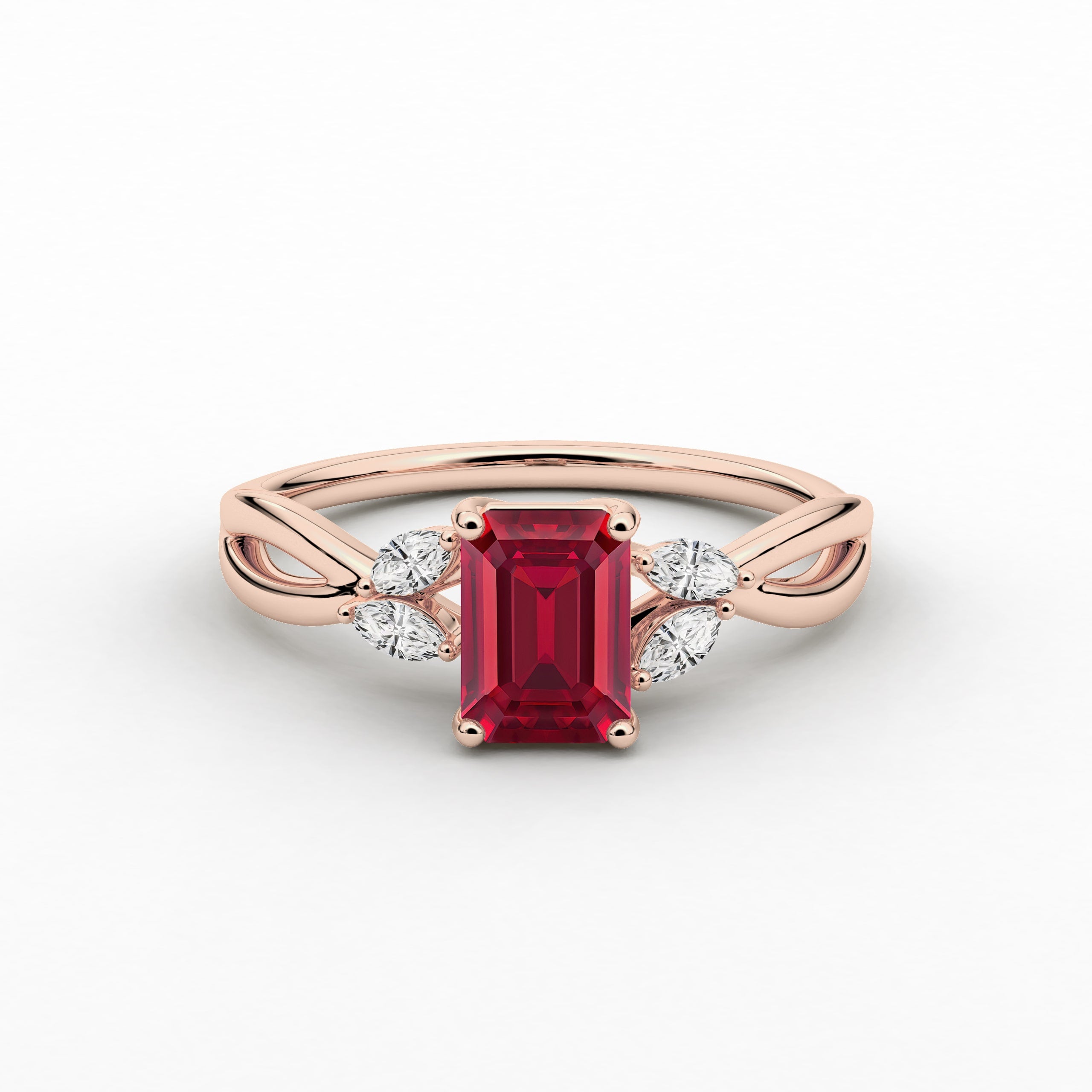 Emerald Cut Ruby moissanite Diamond Engagement Ring In Nature Inspired In Rose Gold