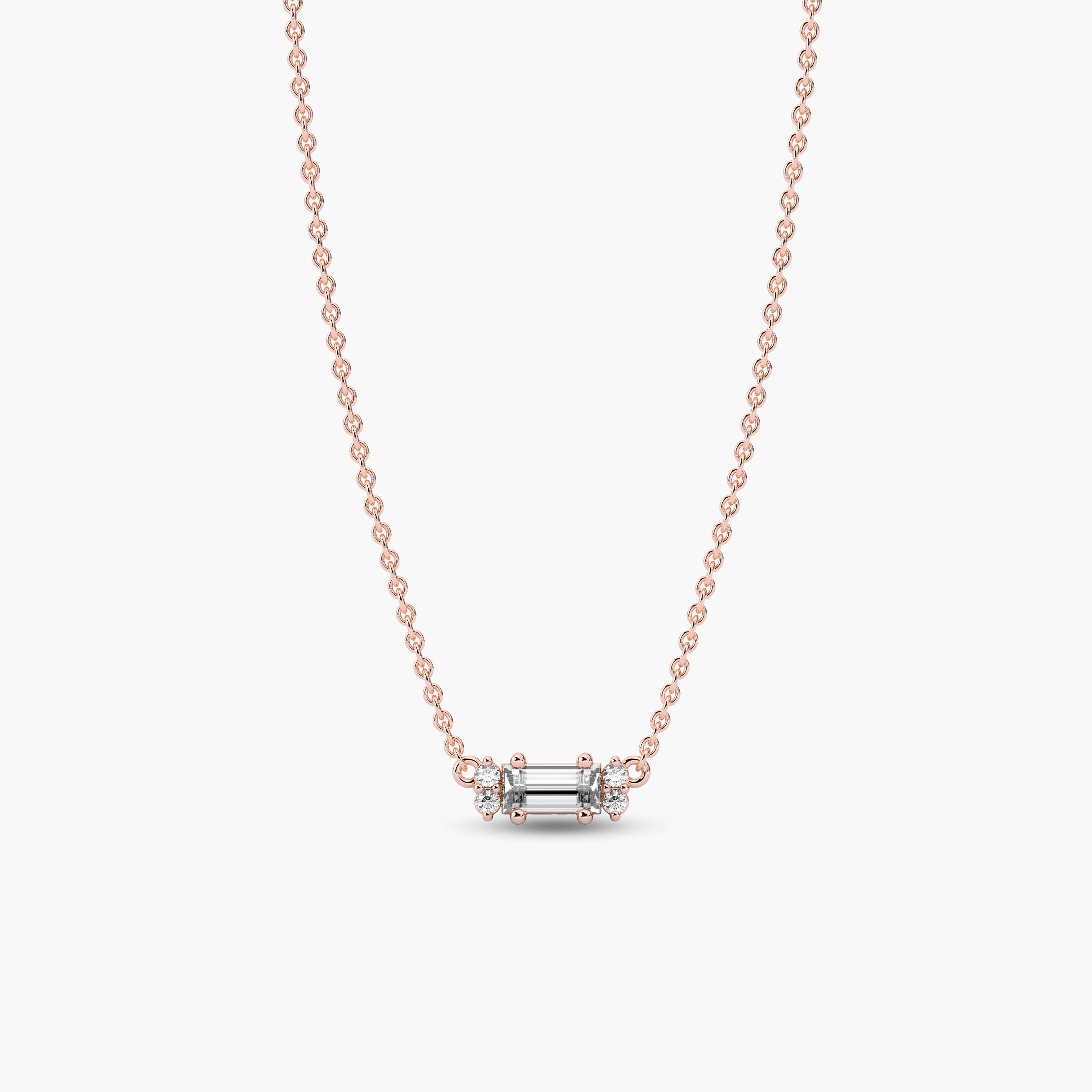 Rose Gold baguette and round diamond pendant necklace