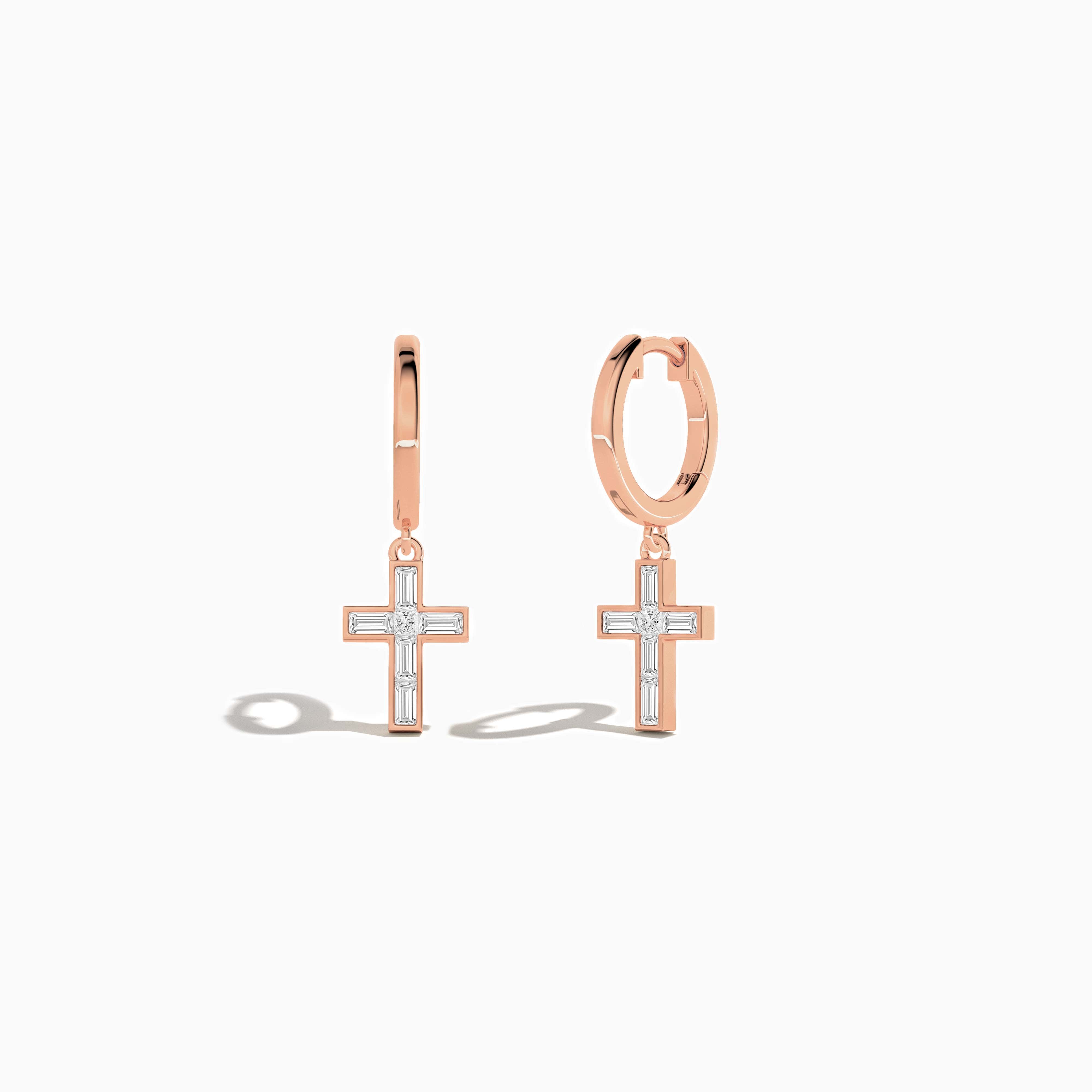 Rose Gold Diamond Hoops with Cross Dangle