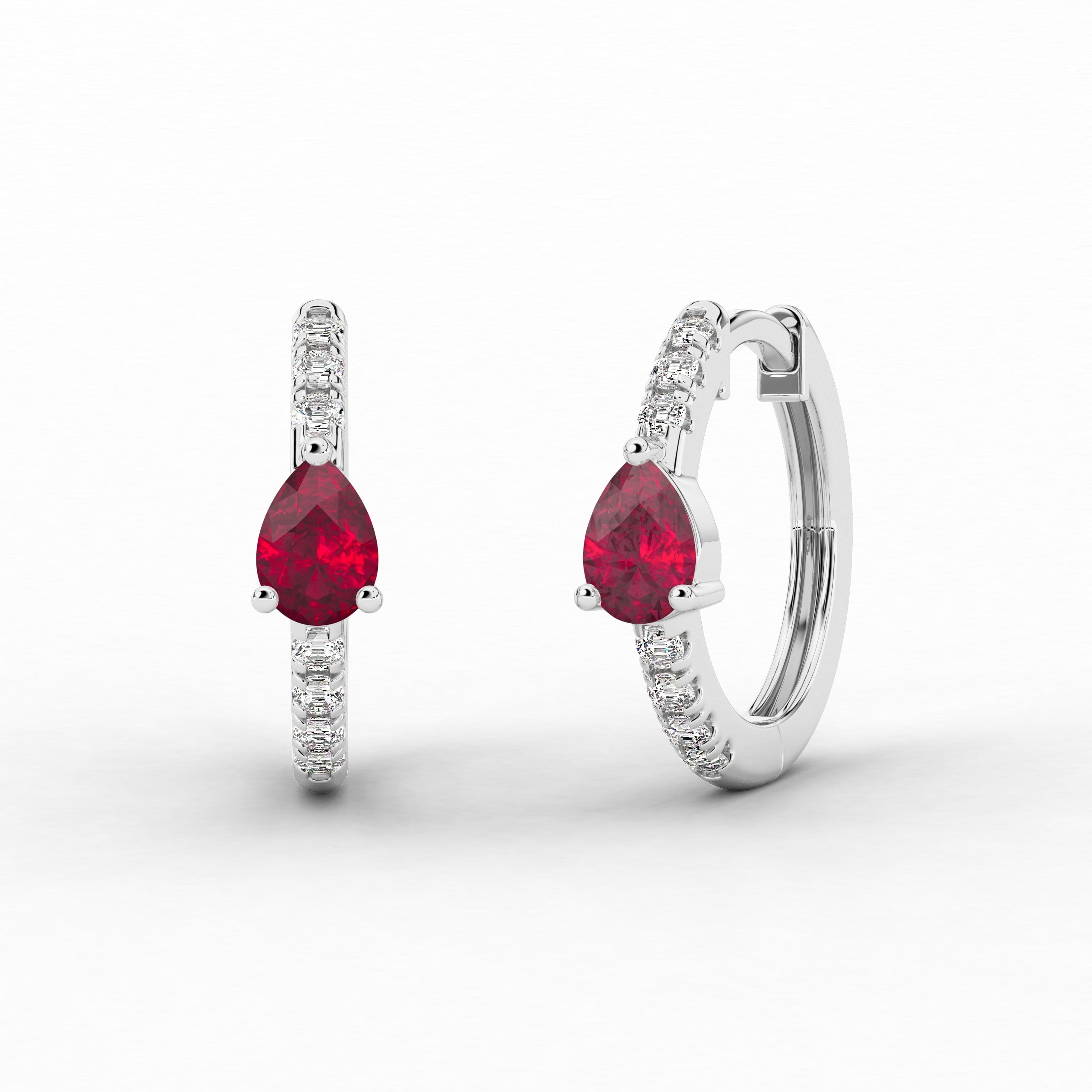 White Gold Hoop Earring In Pear And Ruby  Cut Moissanite Diamond Wedding Gift For Woman