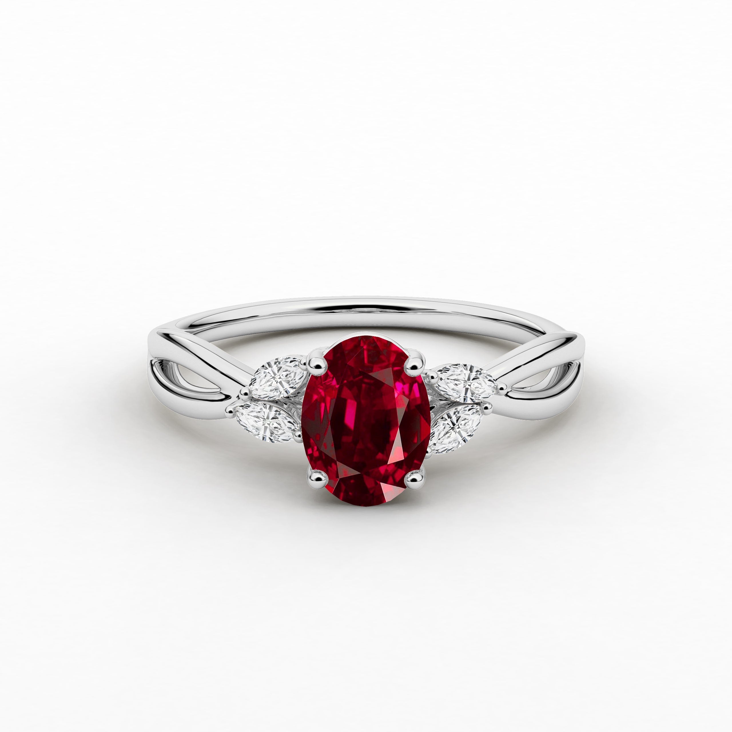 White Gold Oval Cut Ruby Diamond Engagement Ring In Nature Inspired For Woman