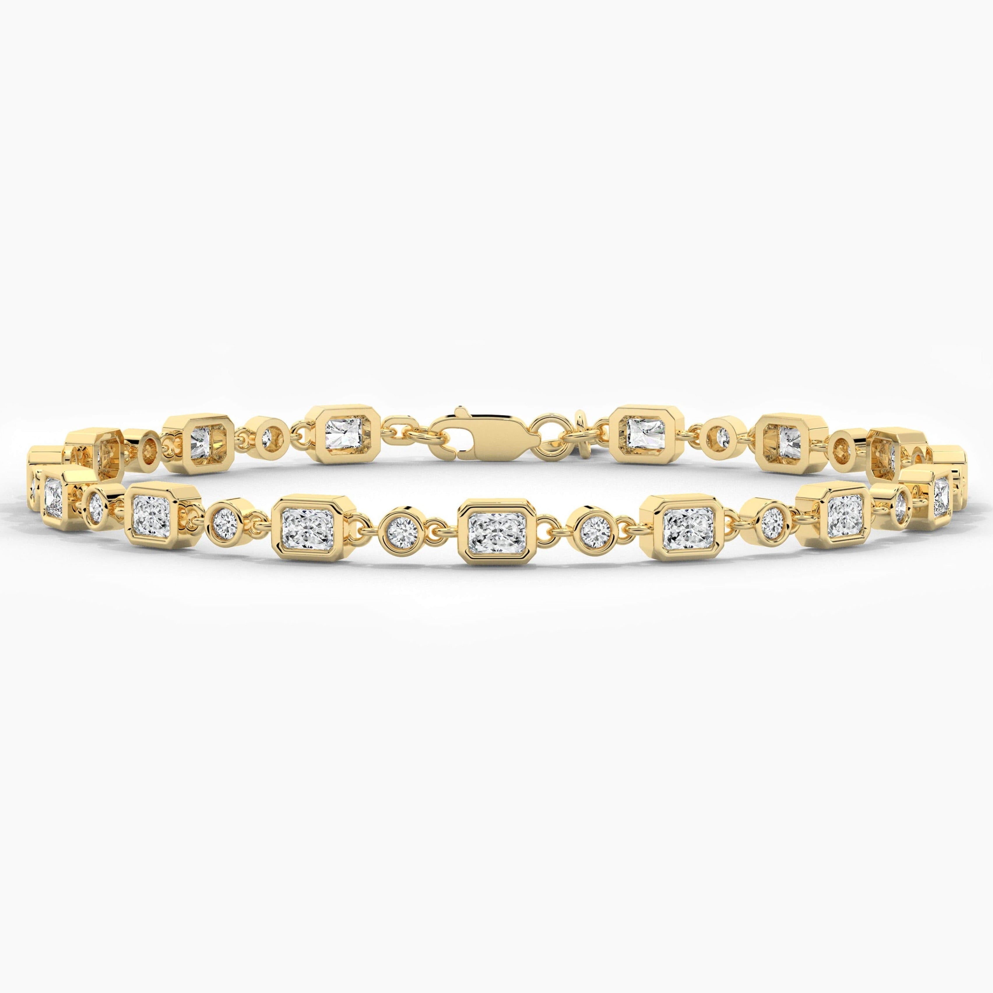 Radiant And Round Cut Moissanite Diamond Tennis Bracelet In Yellow Gold For Woman