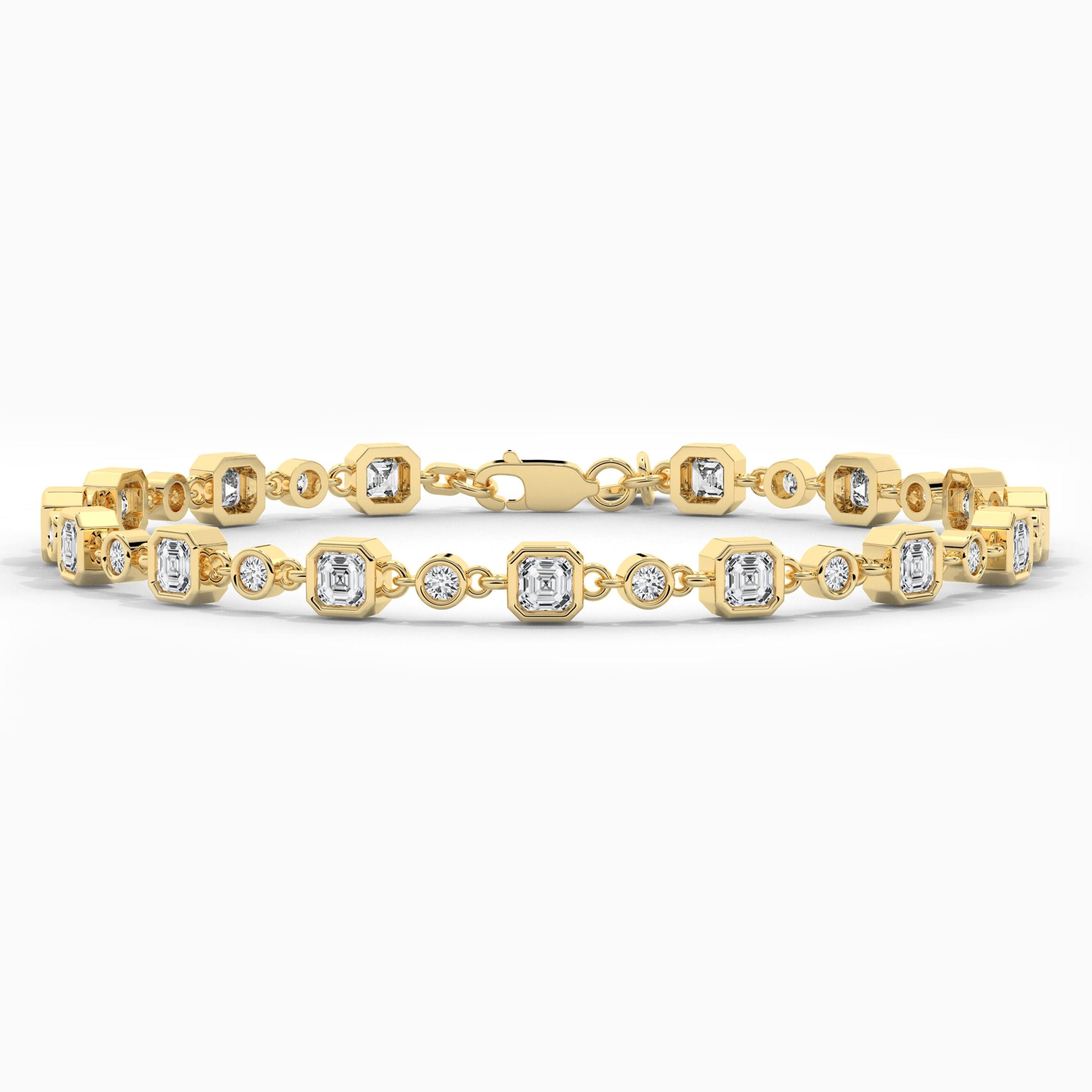 Asscher And Round Shape Diamond Tennis Bracelet In Yellow Gold