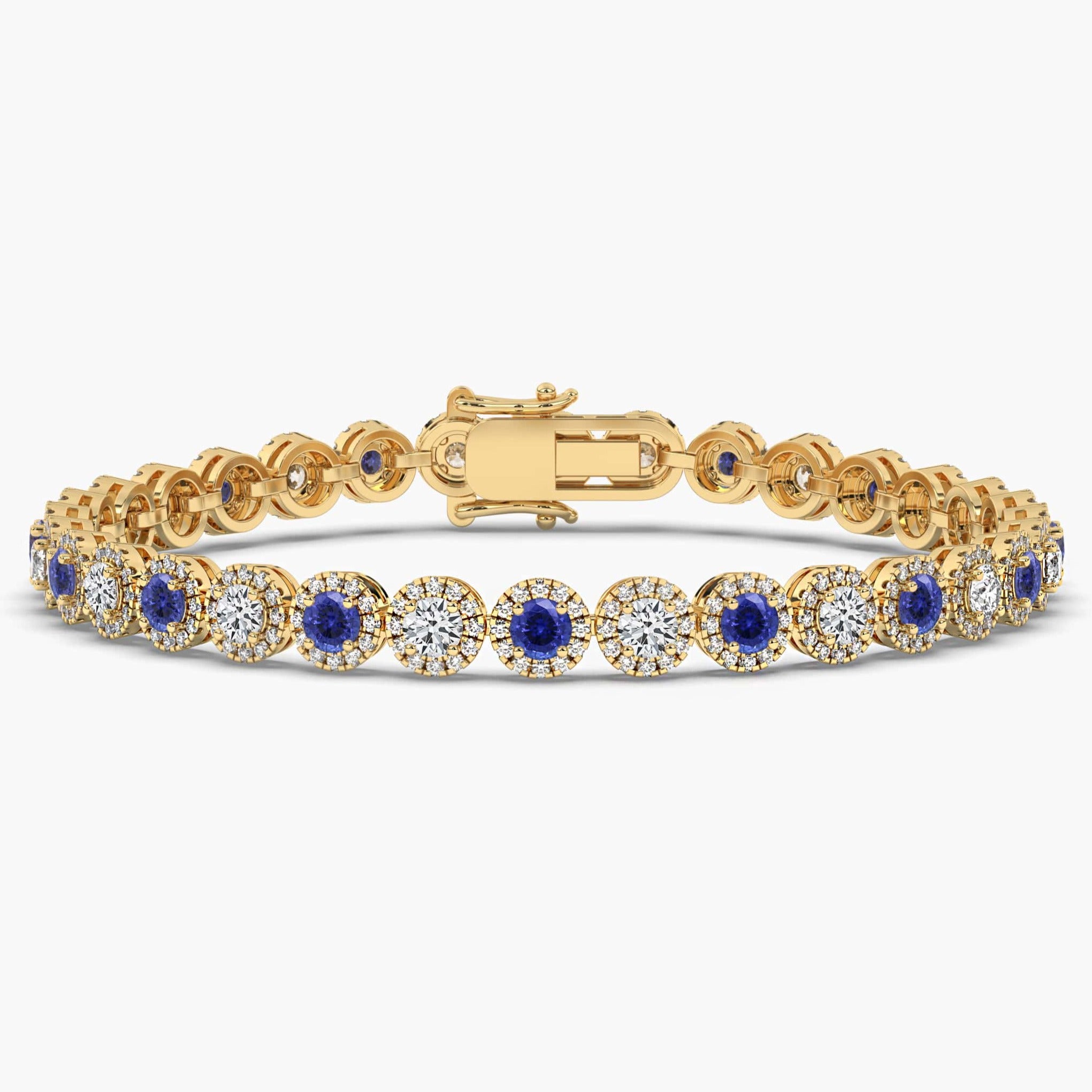 Round Sapphire and Diamond Tennis Bracelet Yellow Gold