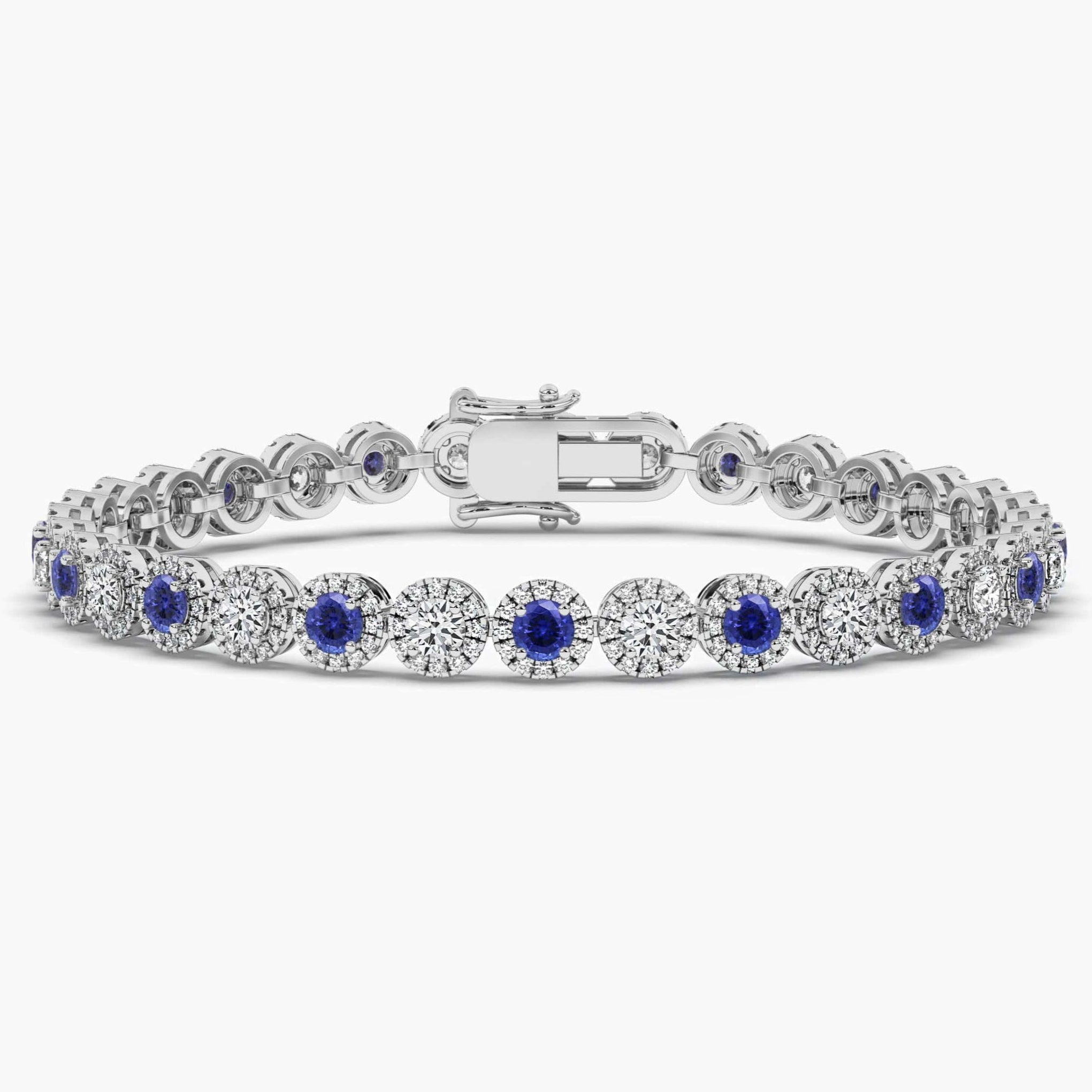Round Cut Blue Sapphire and Diamond Bracelet in White Gold