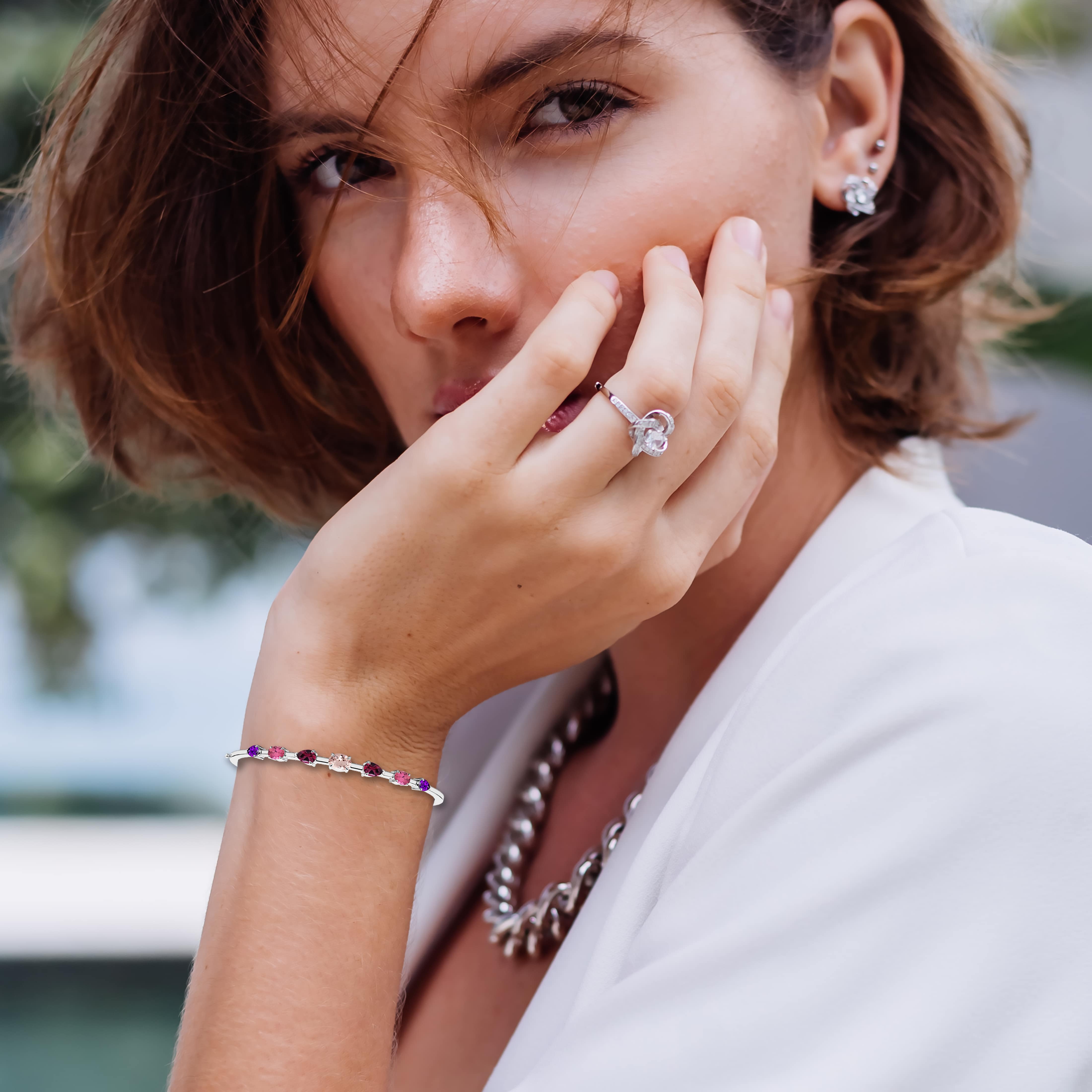 White gold multi gemstone bangle bracelet