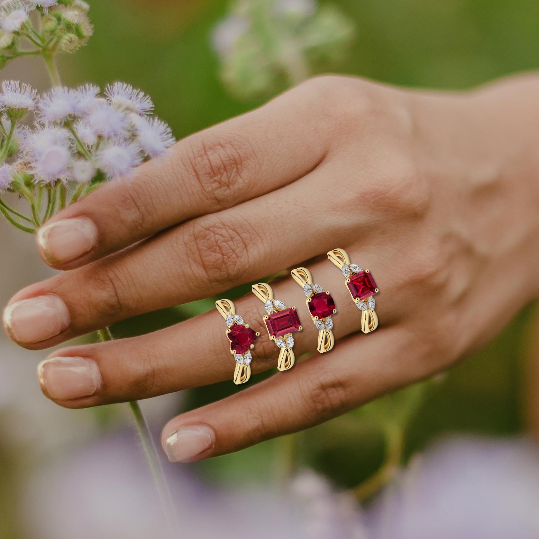 Nature Inspired Multi Shape Lab Grown Diamond Engagement Ring In Woman Hand