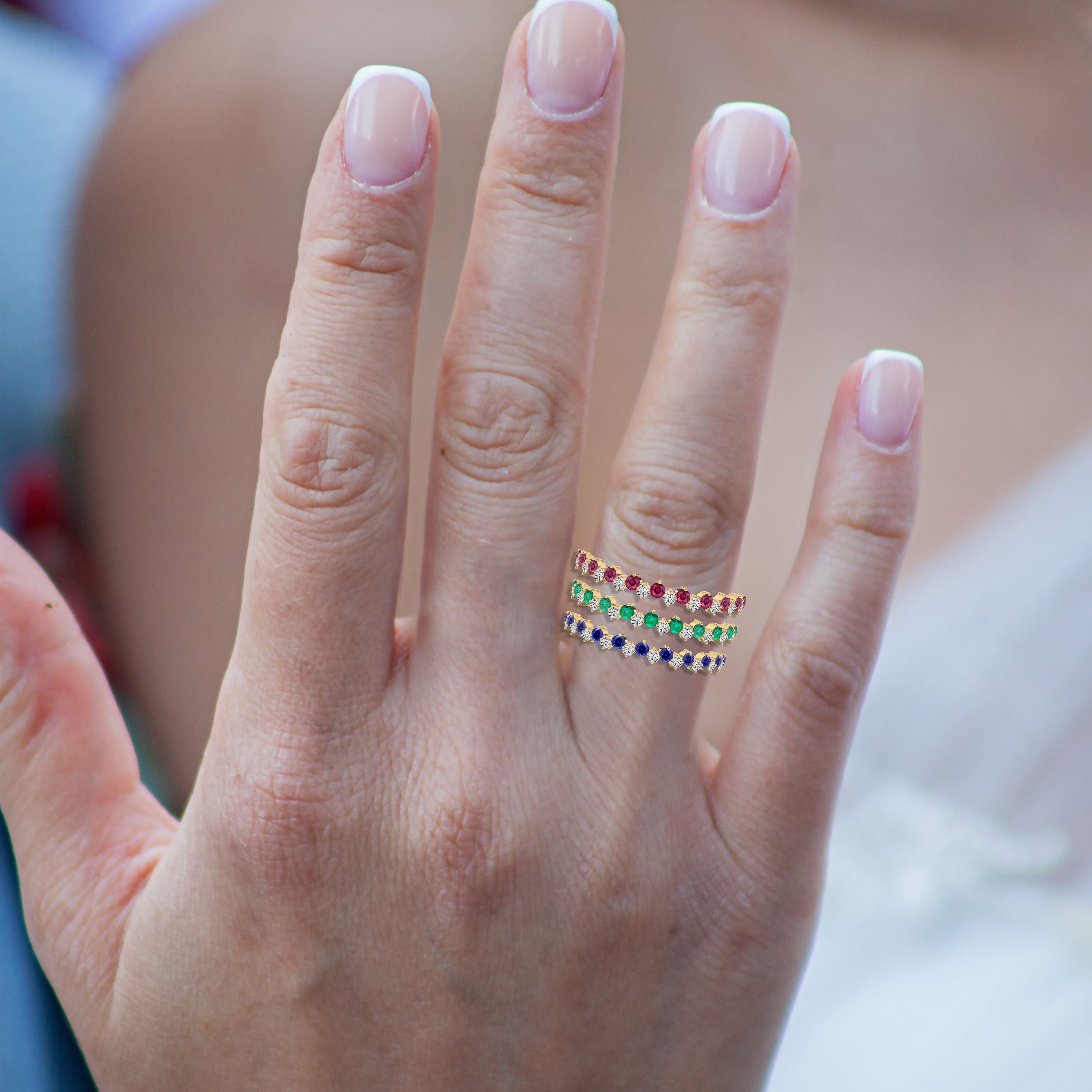 diamond stackable ring on woman hand