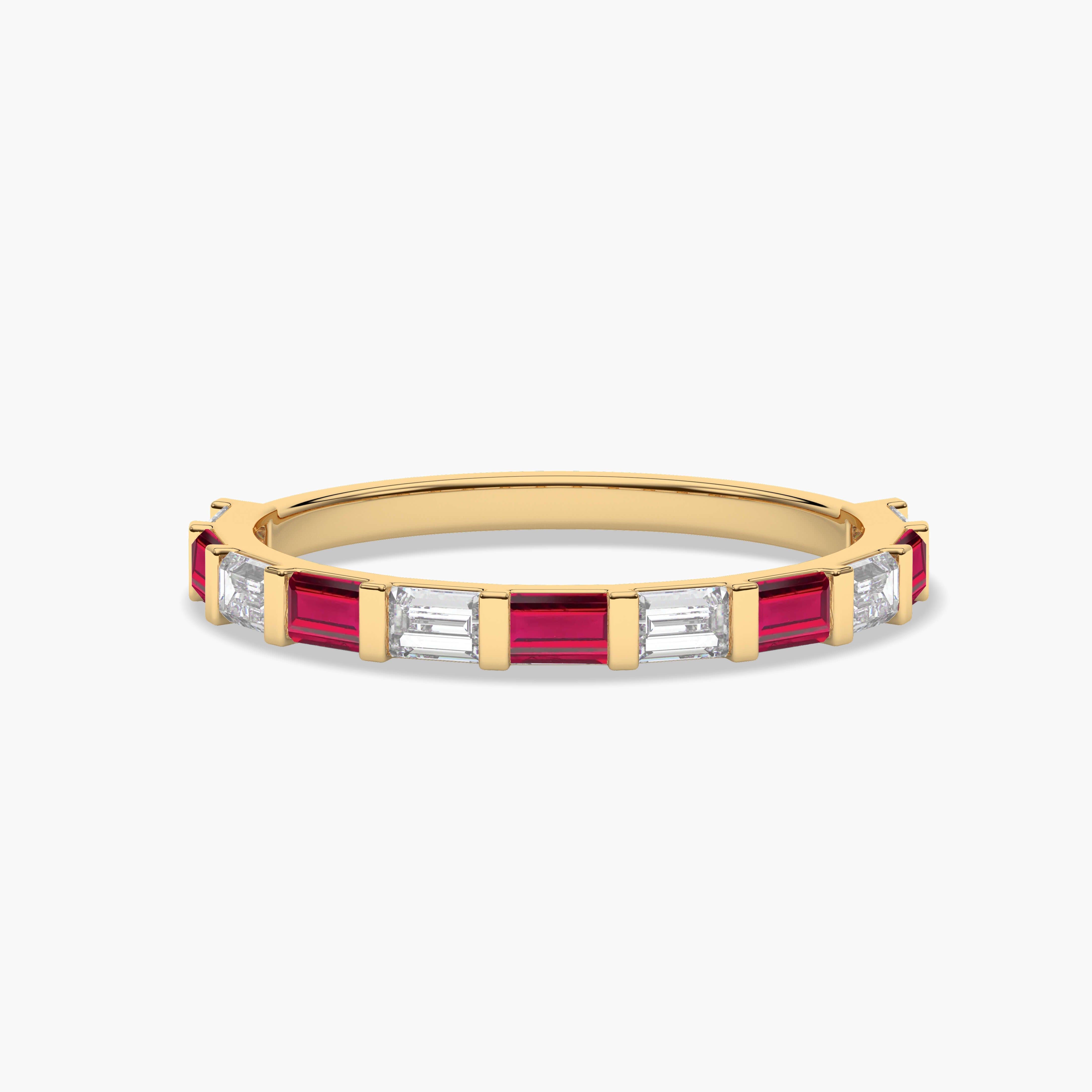 ruby and white baguette full eternity band in yellow gold