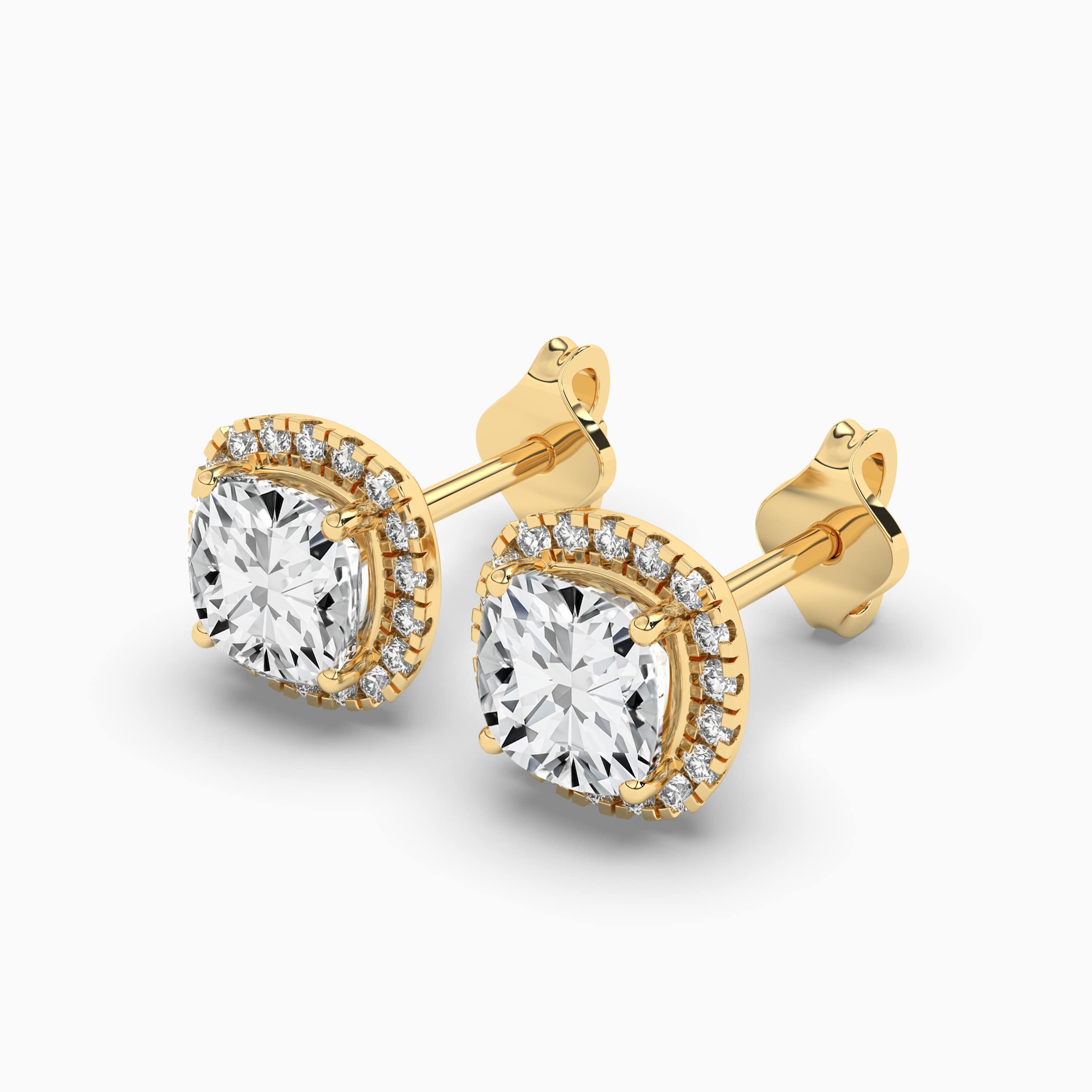 HALO CUSHION MOISSANITE & DIAMOND EARRINGS YELLOW GOLD 