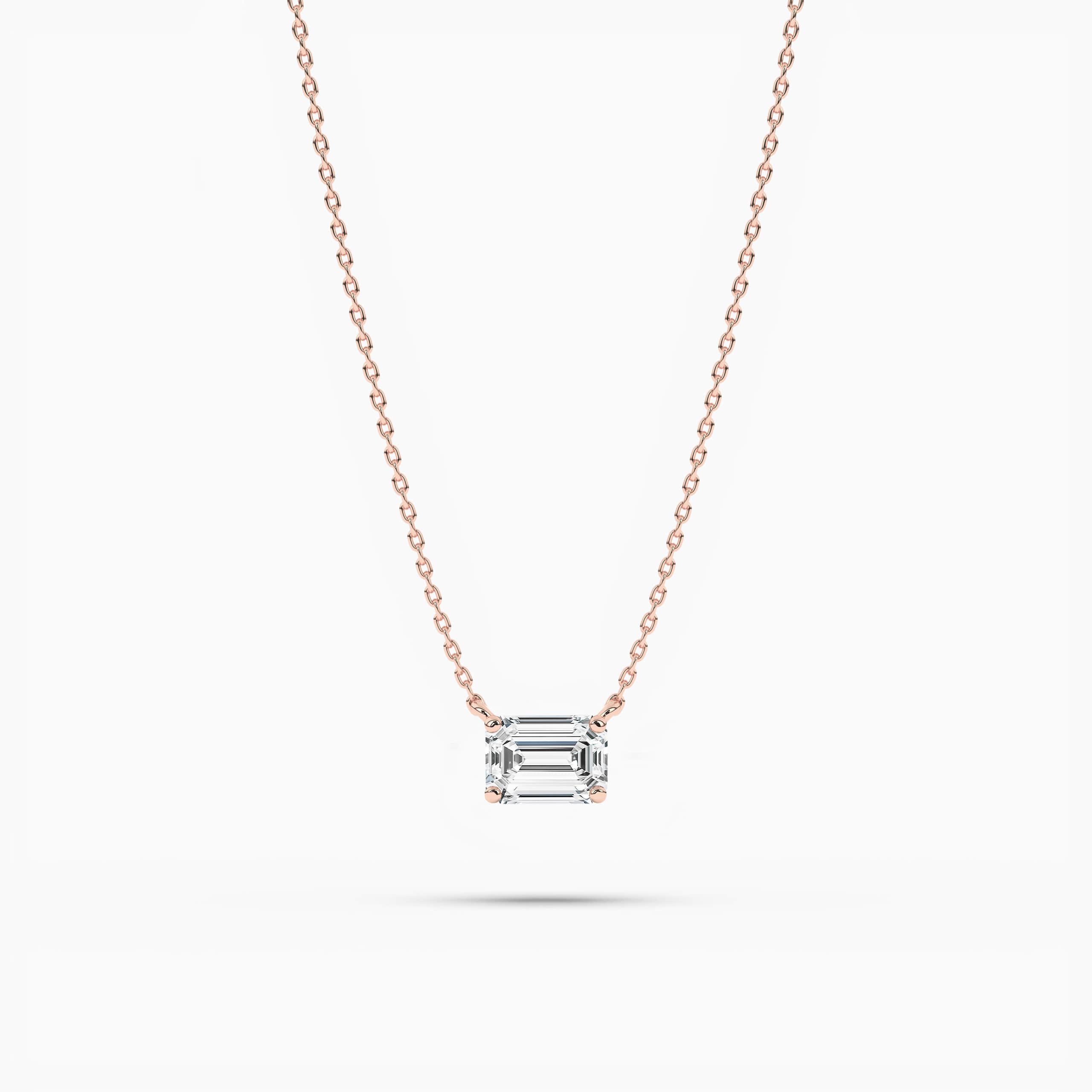 Emerald Cut Diamond Necklace, Halo Moissanite Diamond Pendant, Solid Gold Wedding