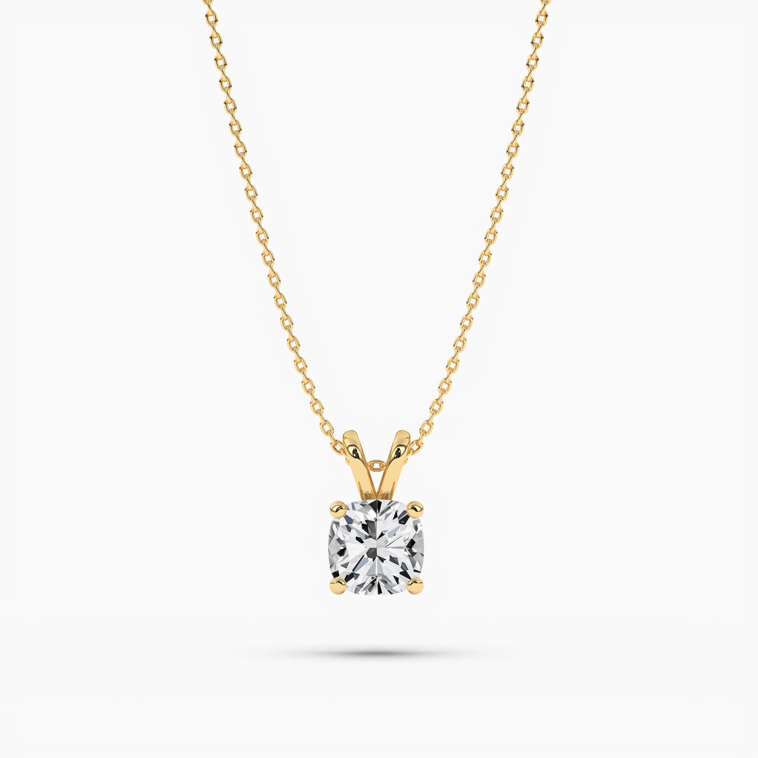 Cushion Cut Solitaire Diamond Pendant Necklace Yellow Gold