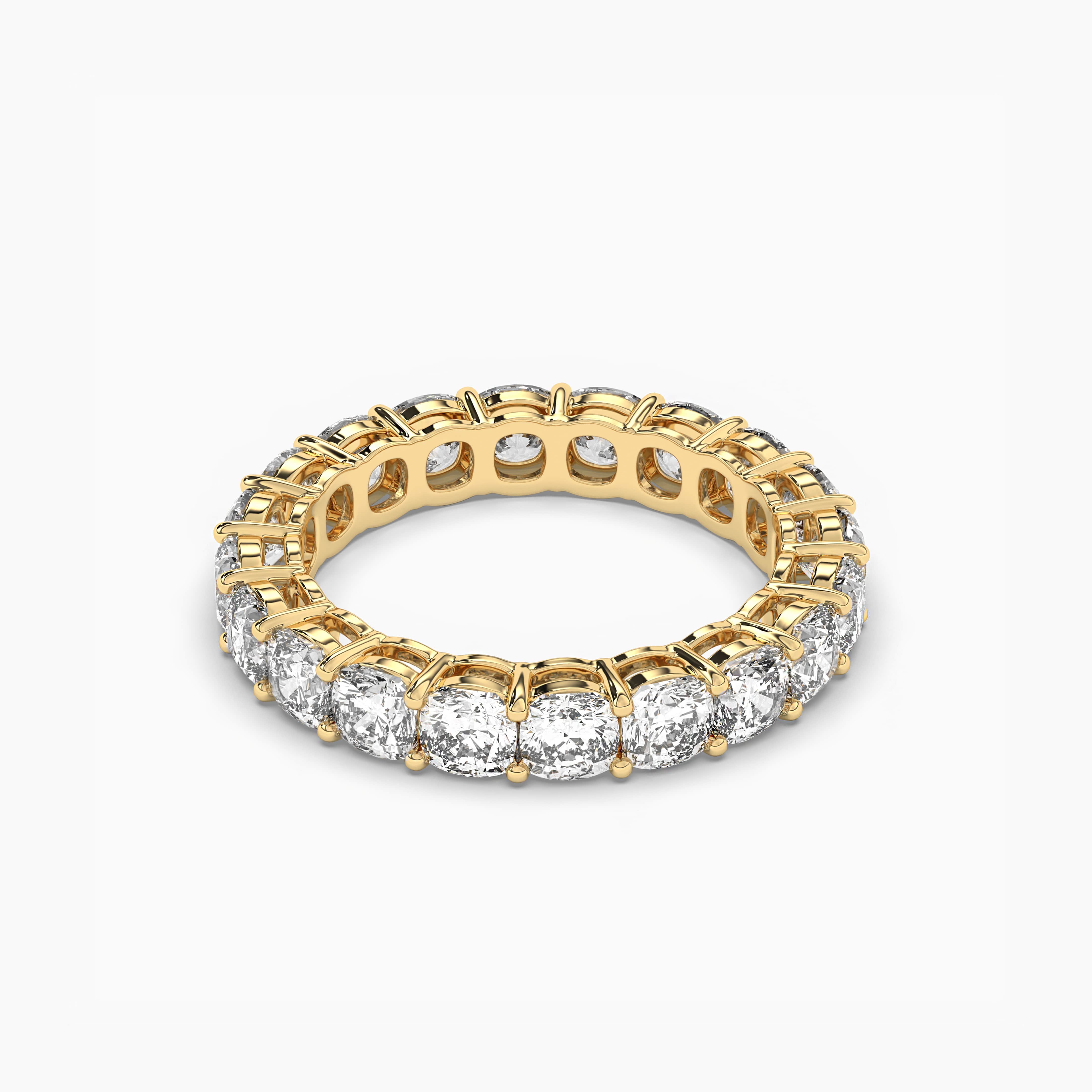 Eternity Ring with Prong Set Cushion Cut Diamonds in Yellow Gold