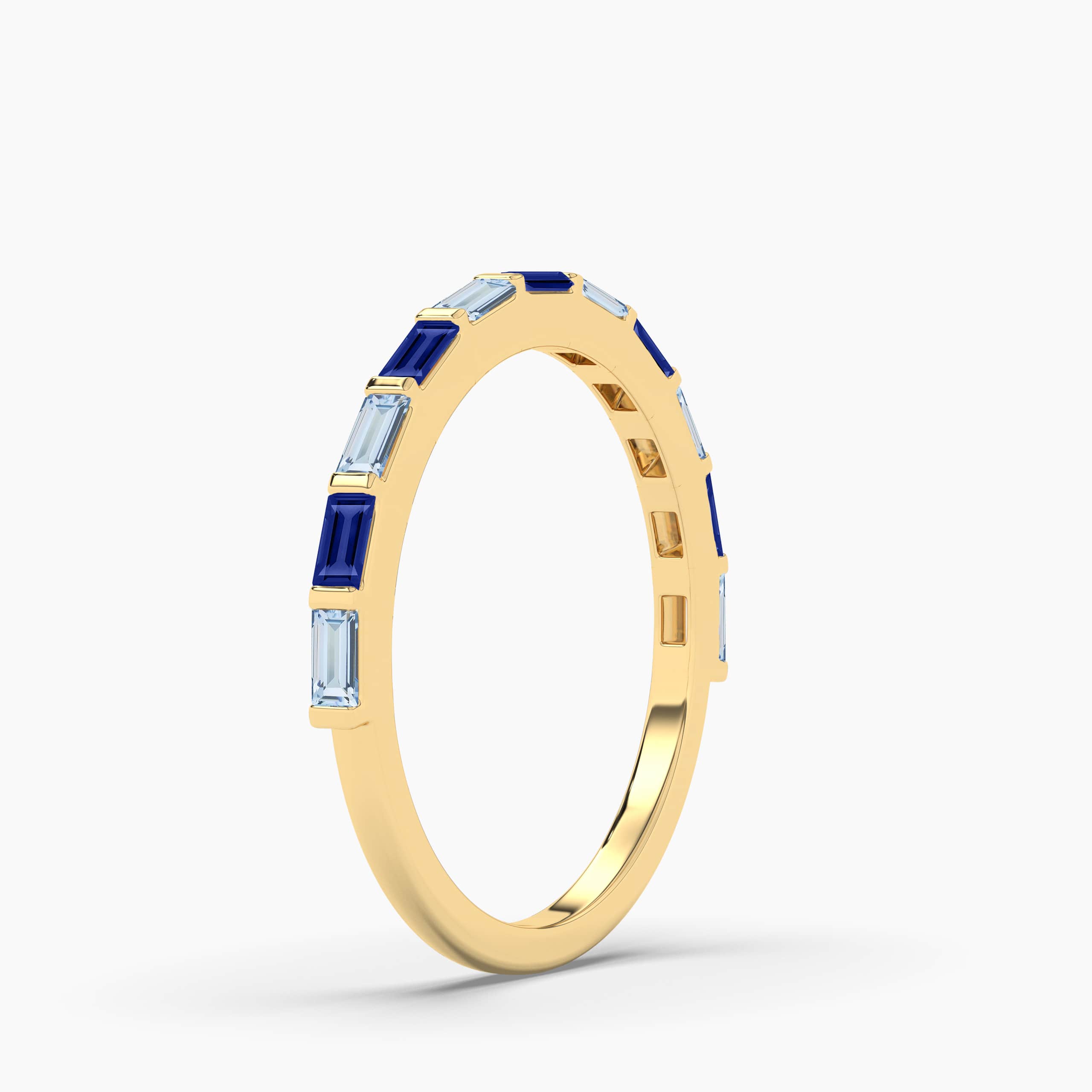 Blue Sapphire And Aquamarine Baguette Engagement Ring In Yellow Gold
