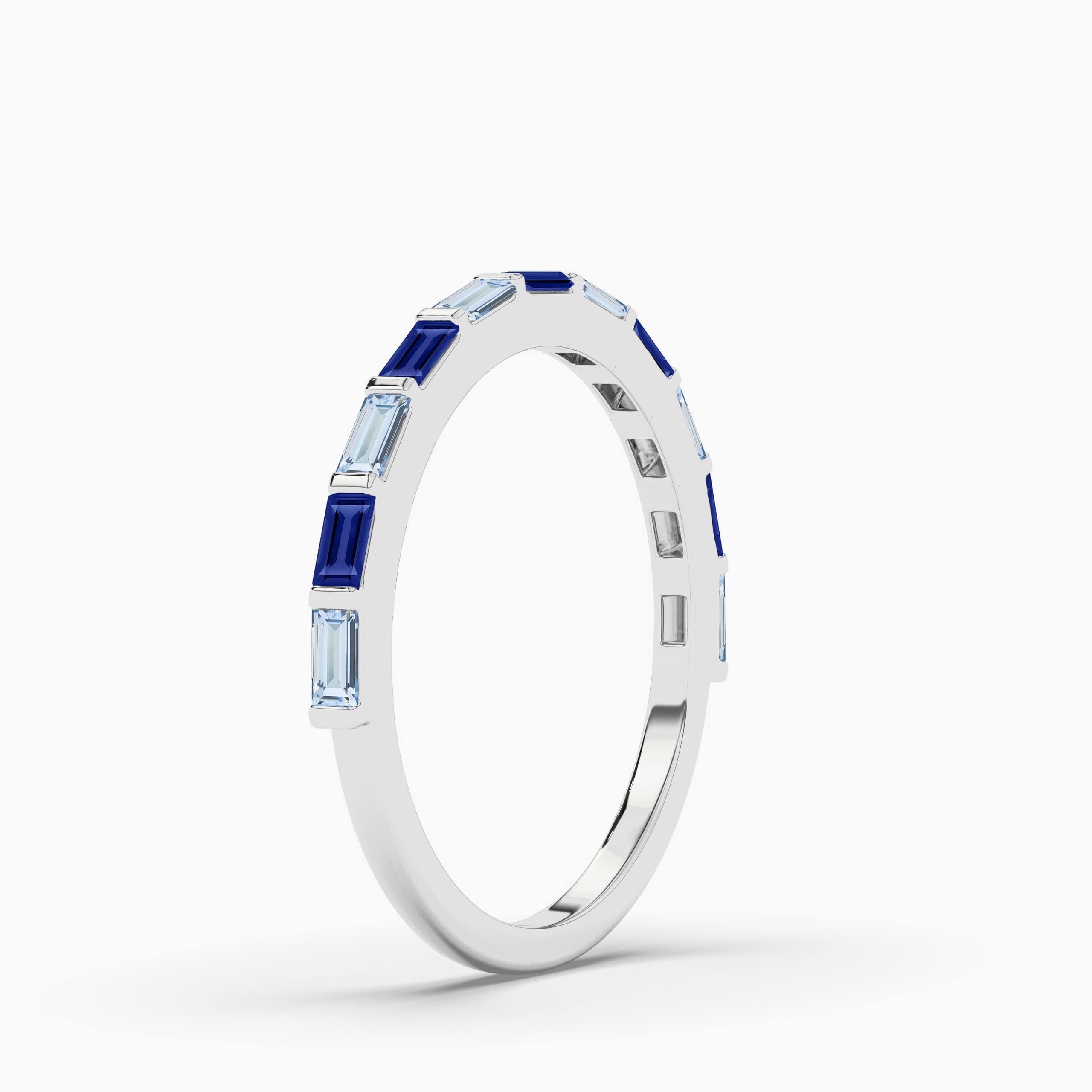 Blue Sapphire And Aquamarine Baguette White Gold Band