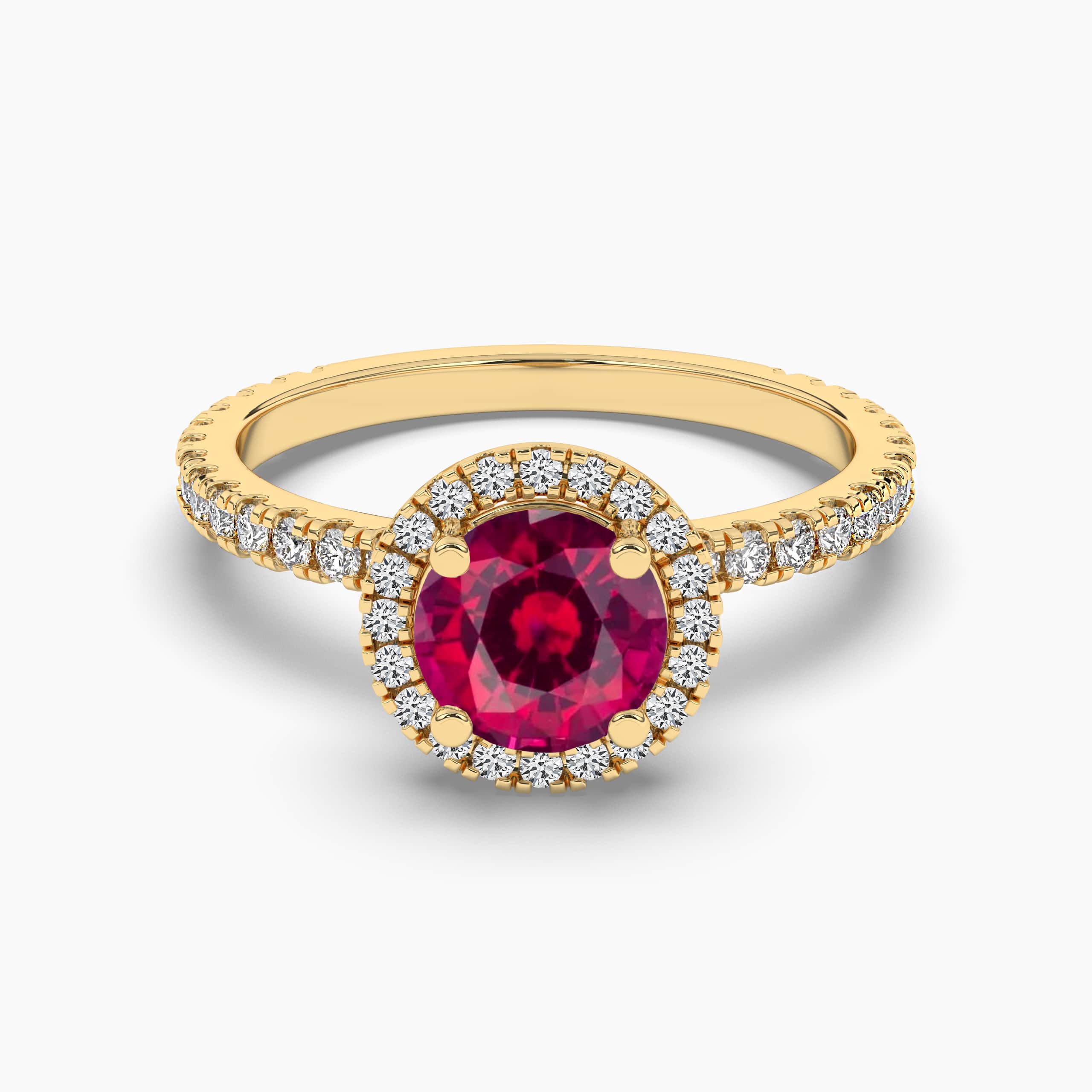 Round Cut diamond Halo Engagement Rings with Red Ruby in Yellow Gold