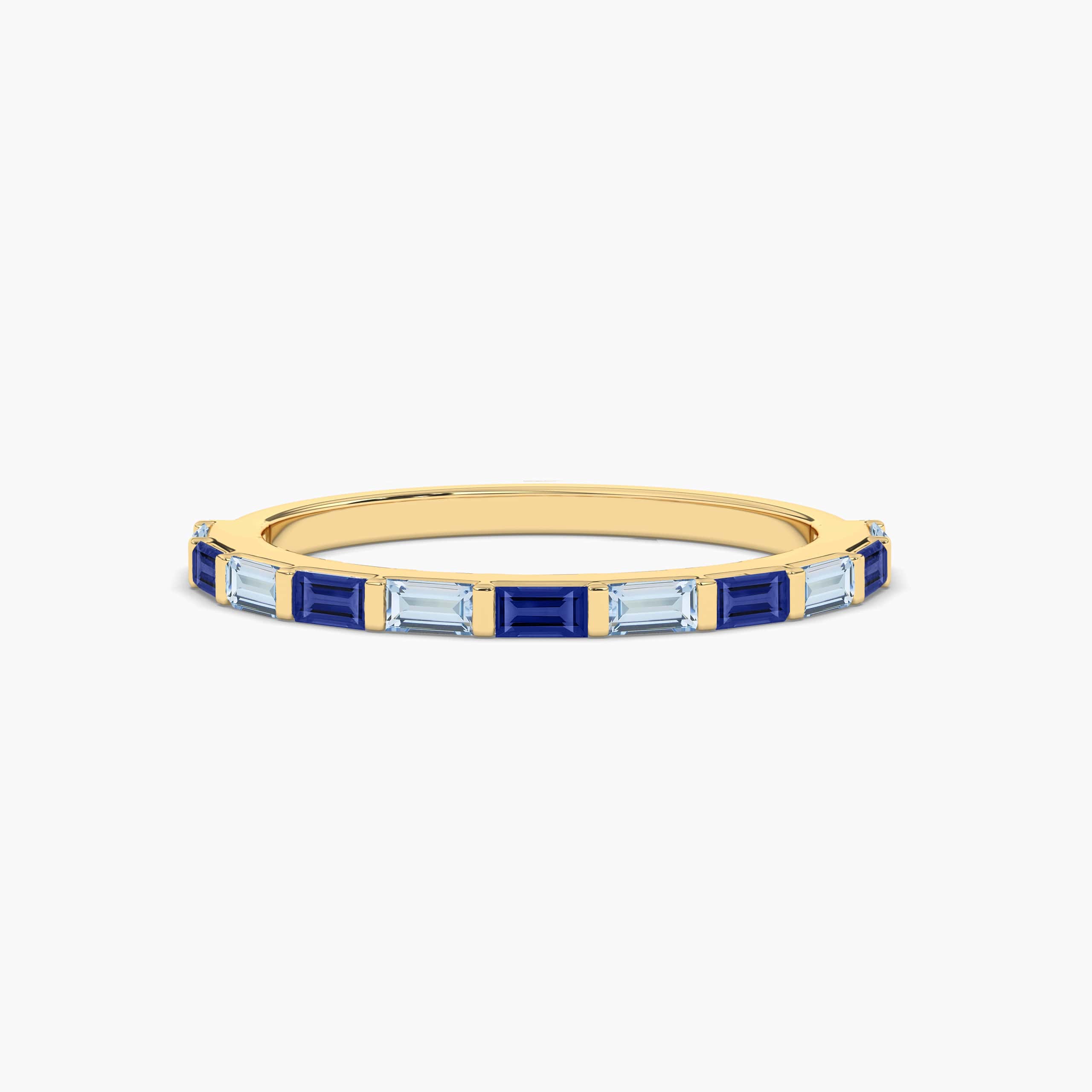 Blue Sapphire And Aquamarine  Baguette Ring In Yellow Gold