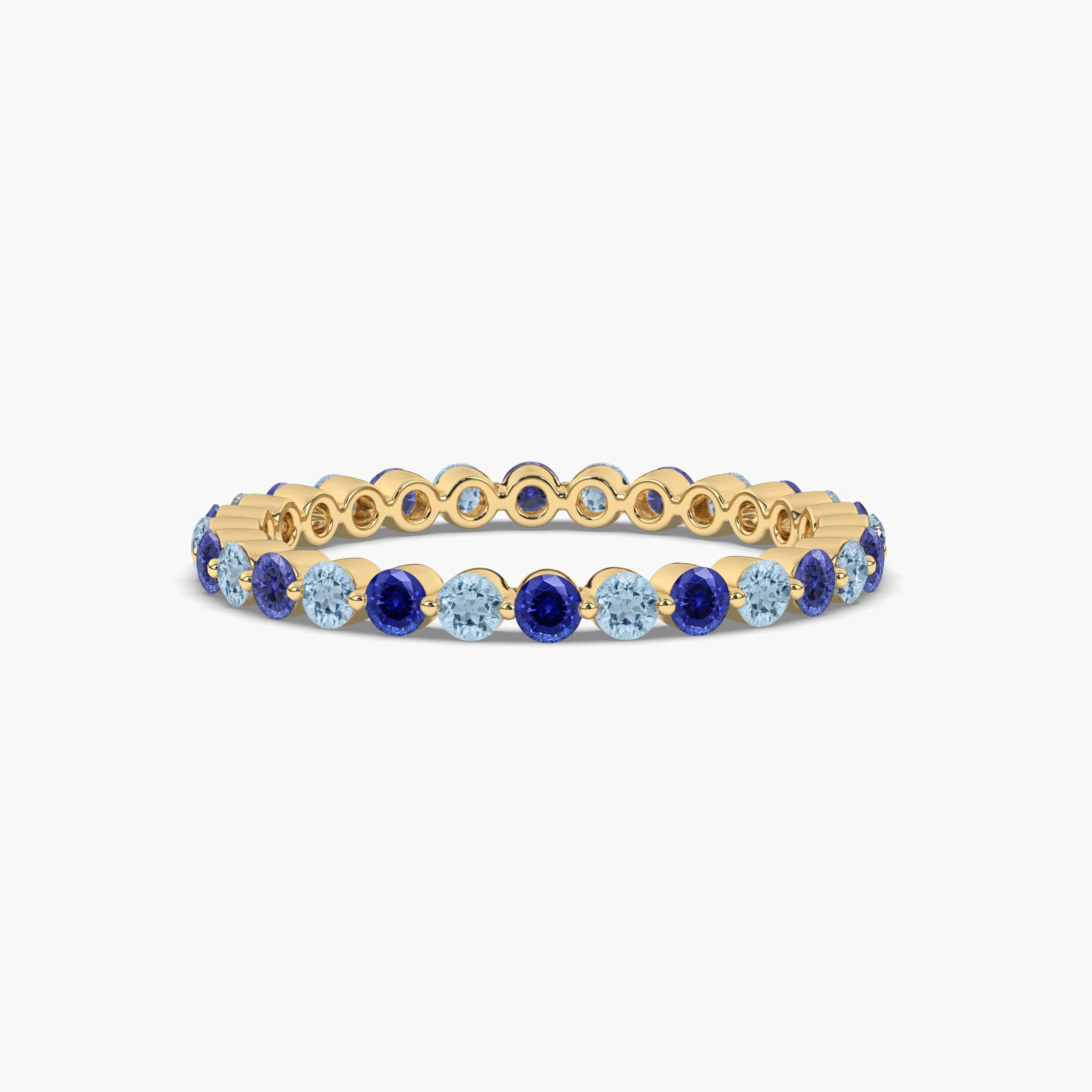 Round Cut Blue Sapphire And Aquamarine Yellow Gold Wedding Band 