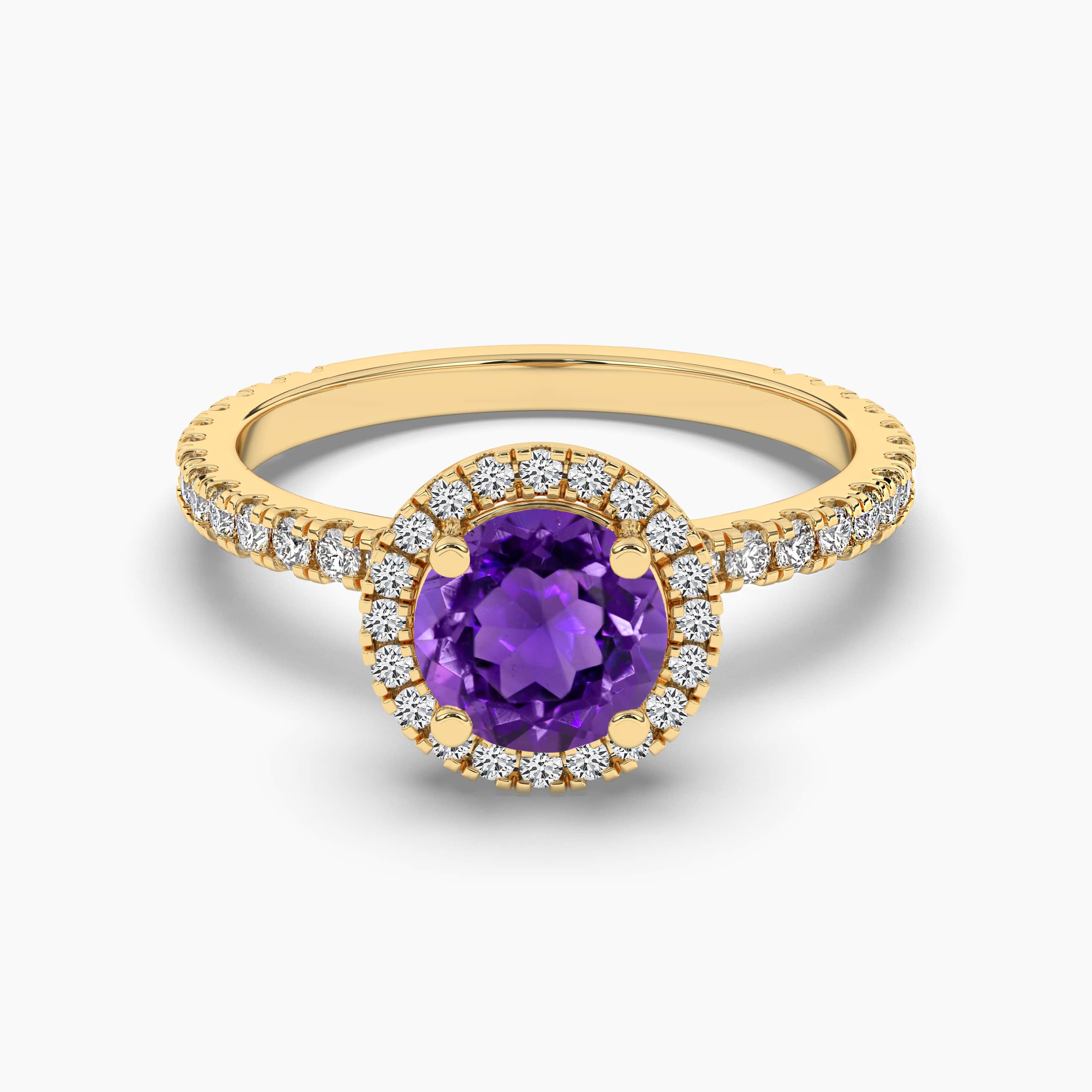 Yellow Gold Round Amethyst Halo Engagement Ring