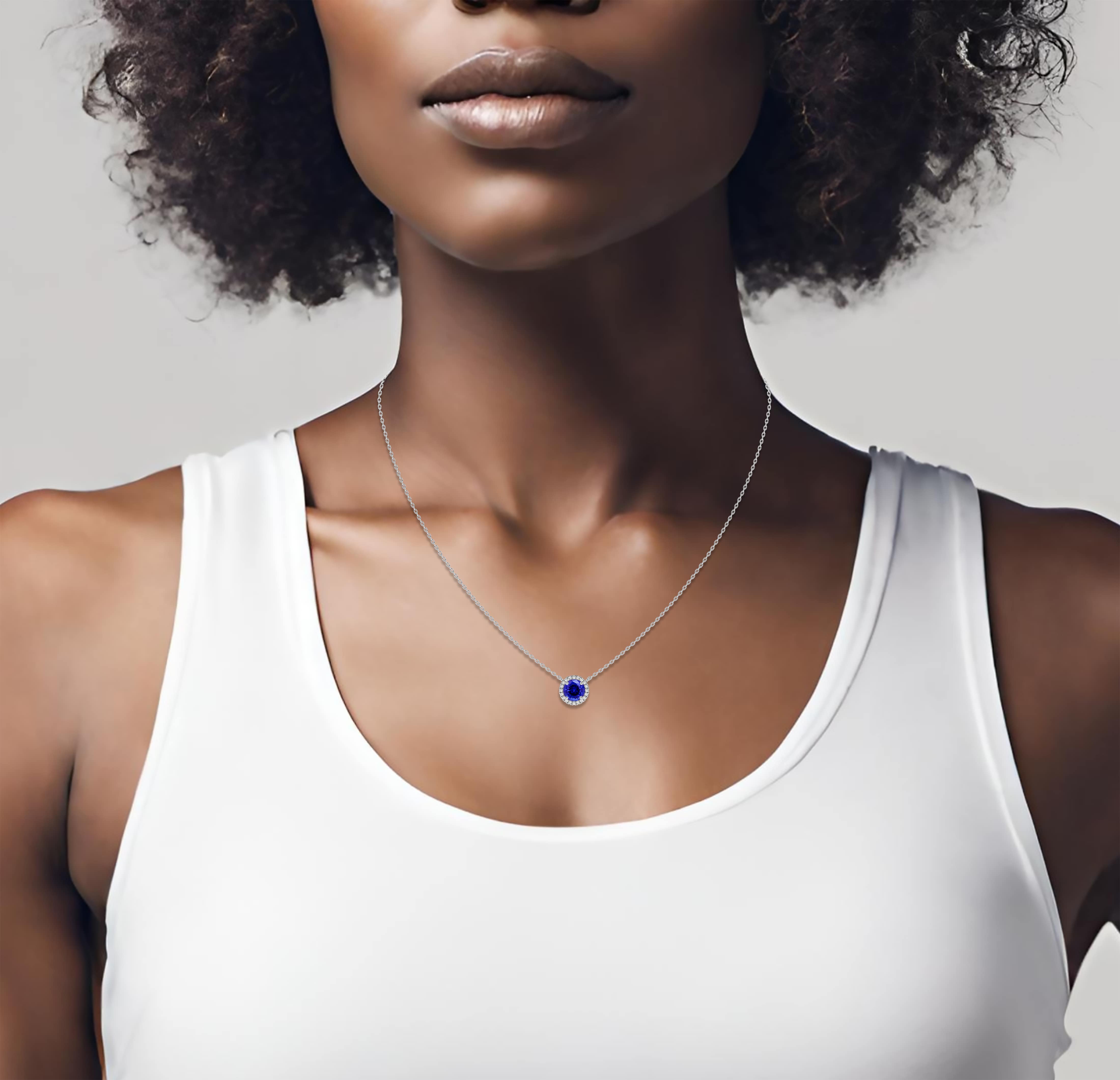 Round Created Blue and Sapphire Halo Pendant Necklace