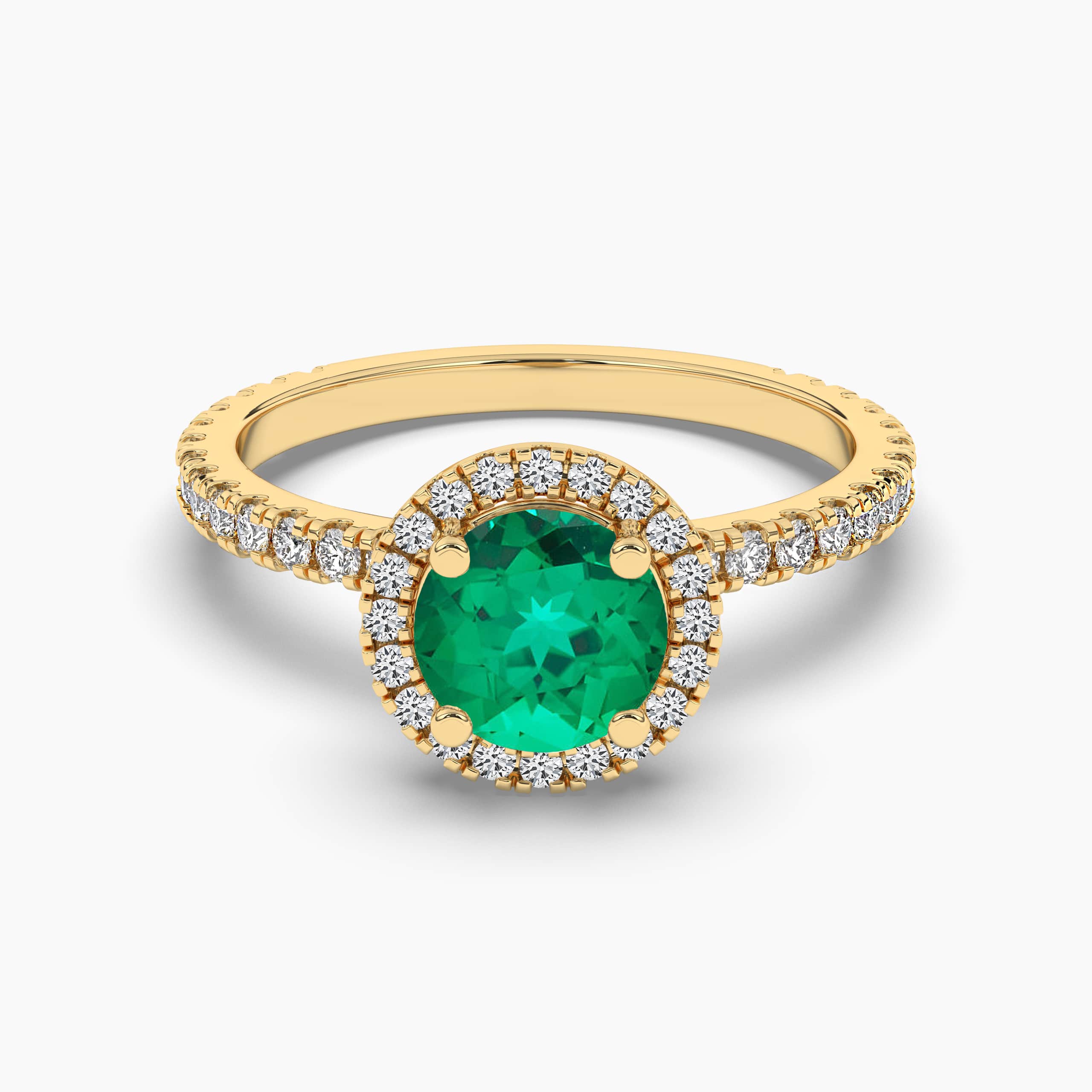 Round Cut Emerald and Diamond Halo Engagement Ring in Yellow Gold