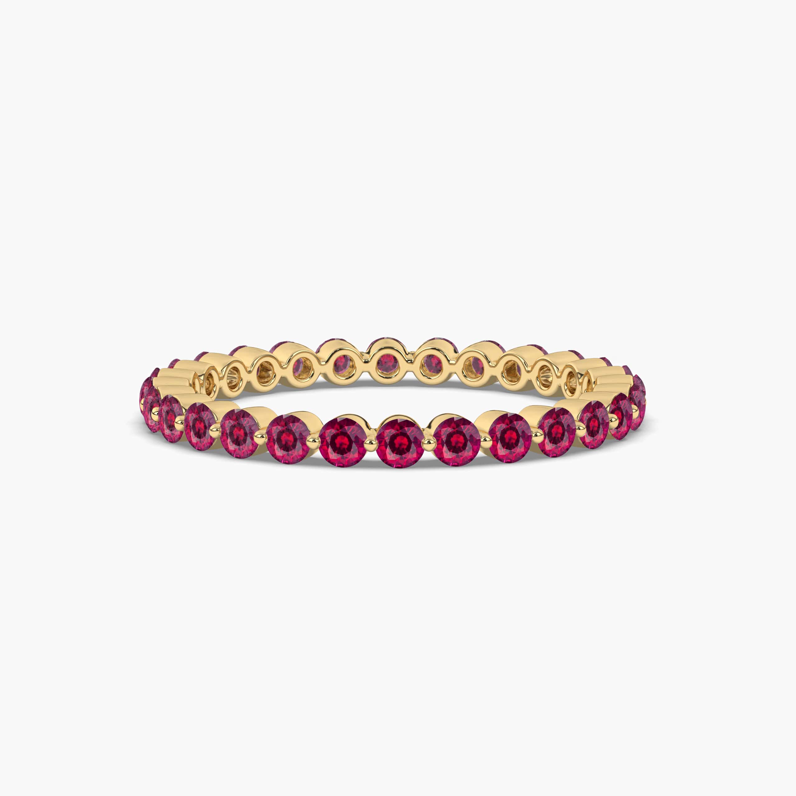 Round Cut Shared Prongs Ruby Full Eternity Band Wedding Ring In Yellow Gold
