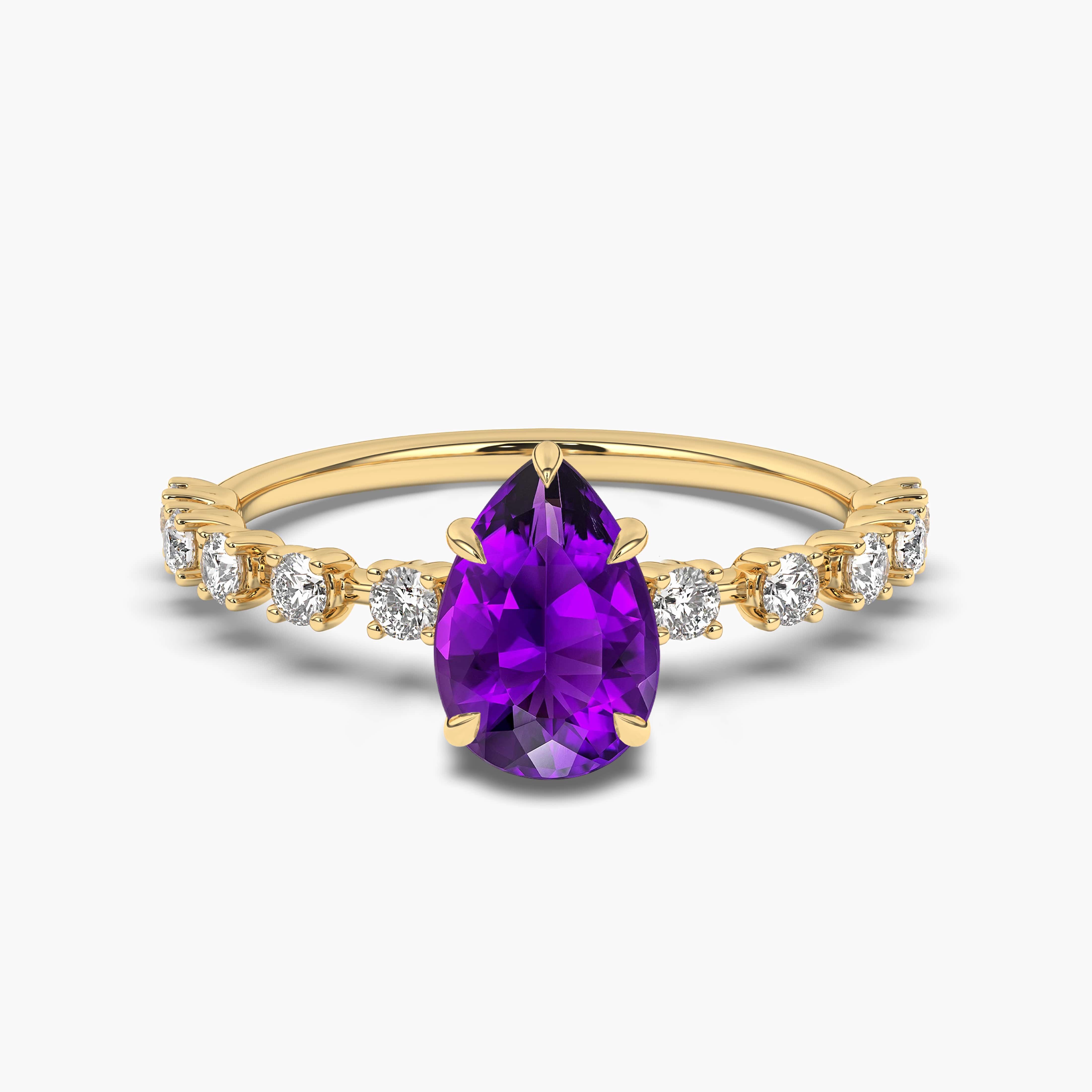 Yellow Gold Pear Cut Amethyst Diamond Halo Women's Ring