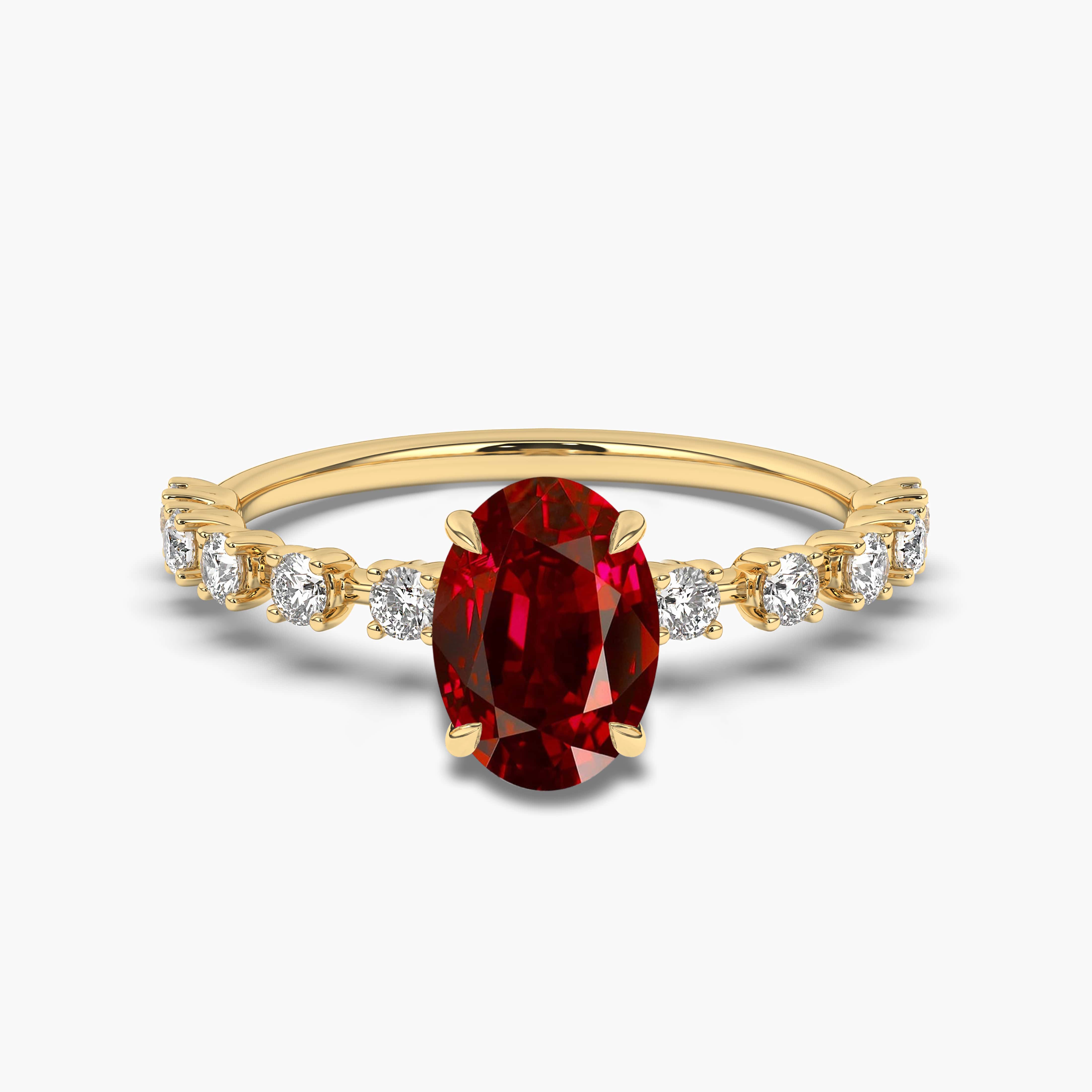 YELLOW GOLD OVAL RUBY AND DIAMOND ENGAGEMENT RING