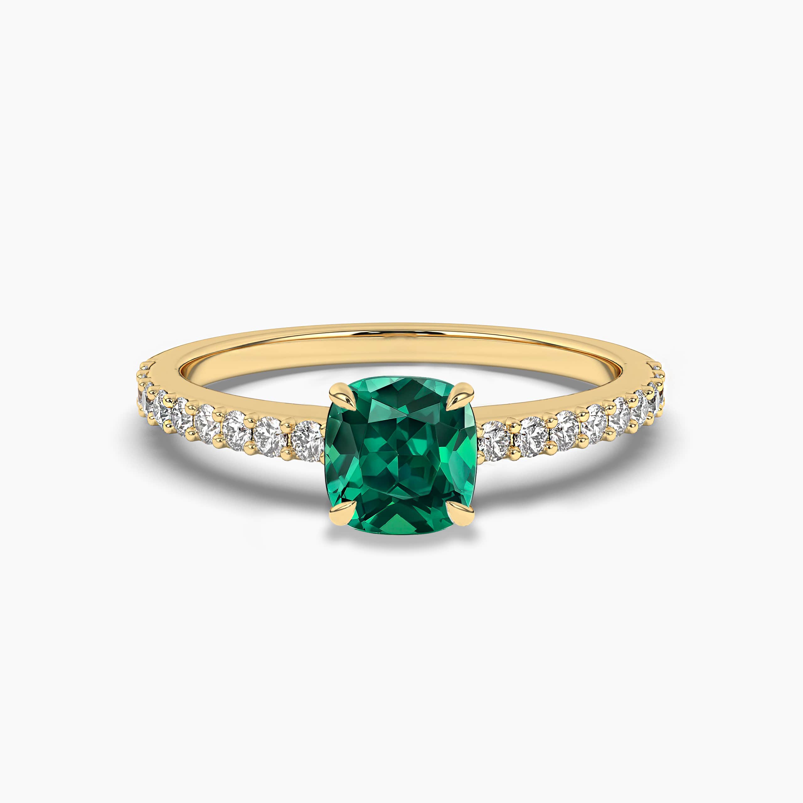 CUSHION CUT EMERALD RING WITH DIAMONDS IN YELLOW GOLD