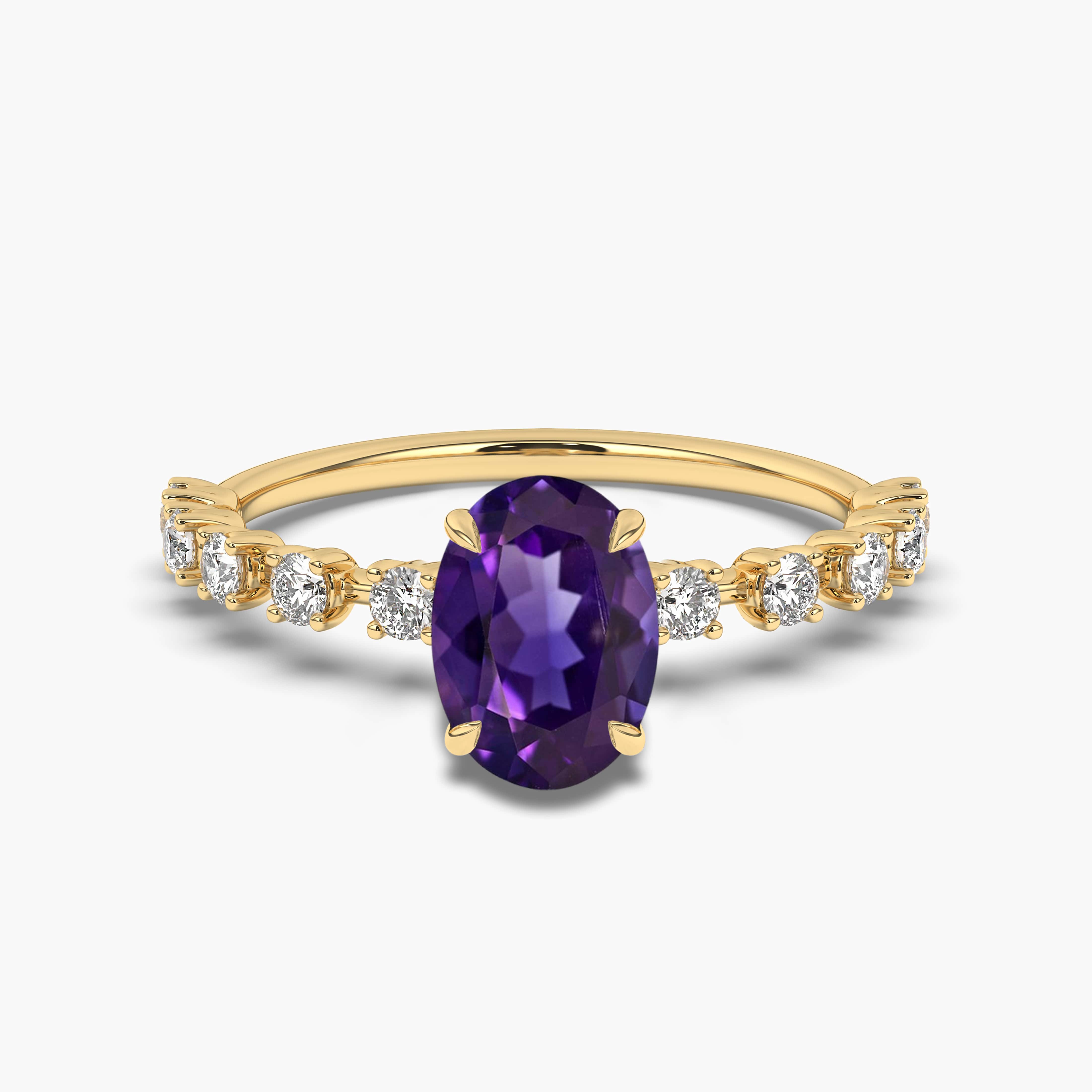 Yellow Gold Oval Amethyst With Diamond Ring